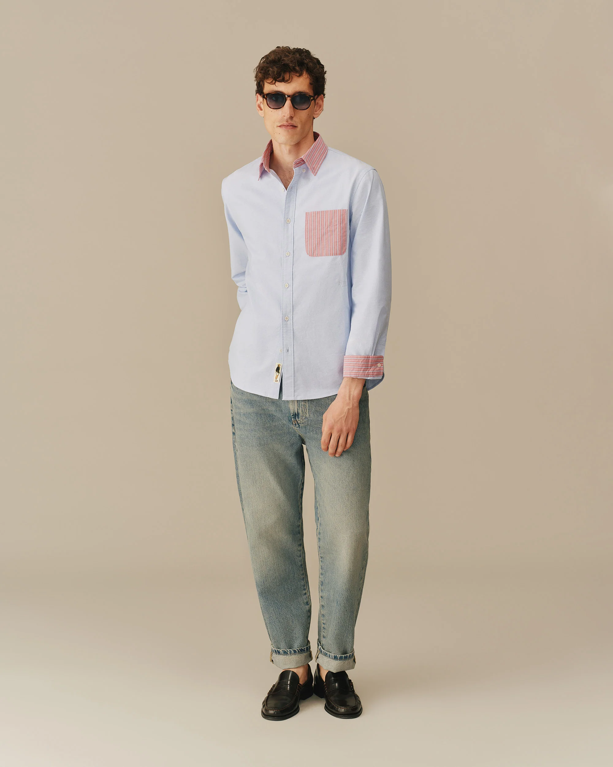 Men’s Color Block Stripe Oxford Shirt Blue - Image 3