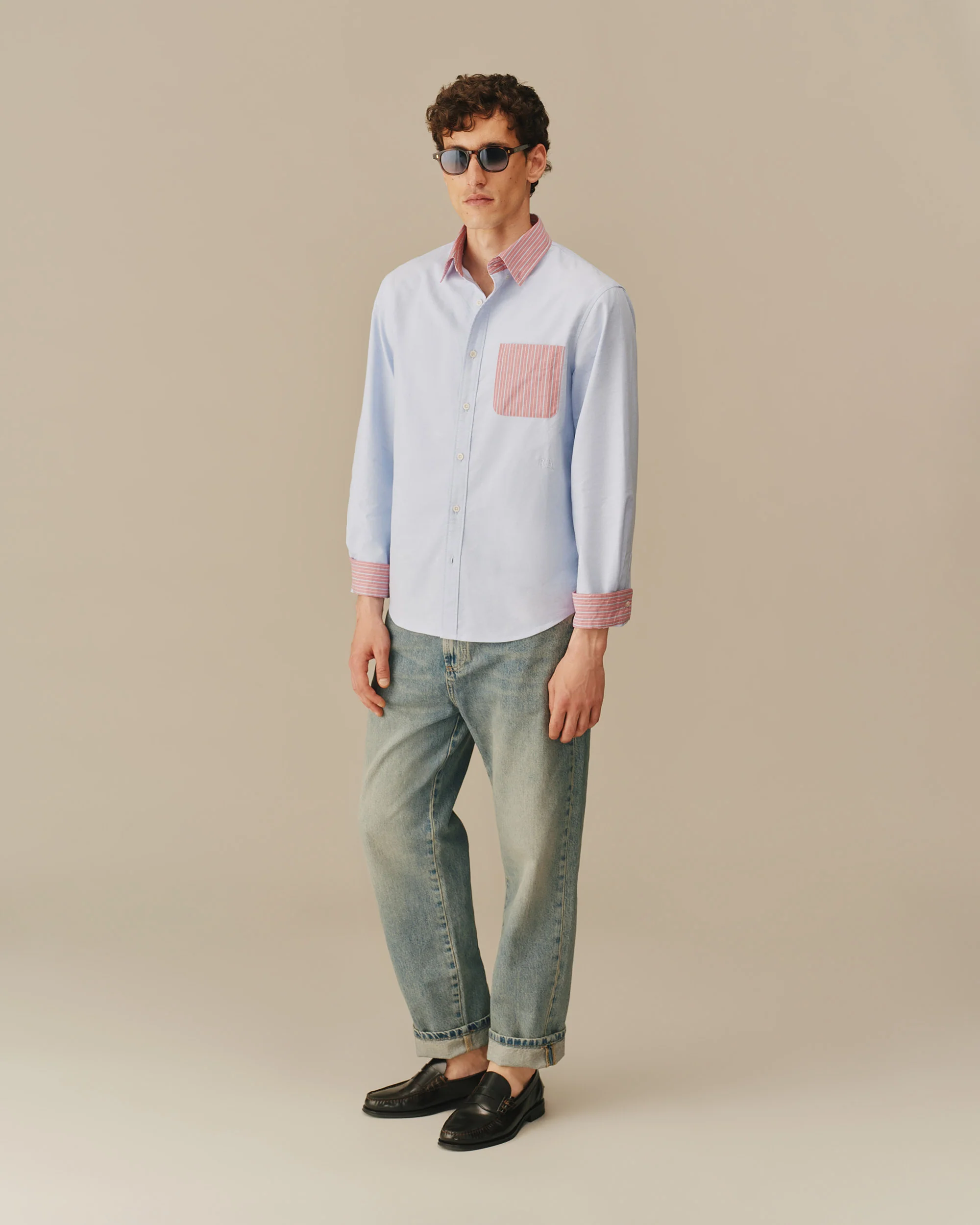 Men’s Color Block Stripe Oxford Shirt Blue - Image 4