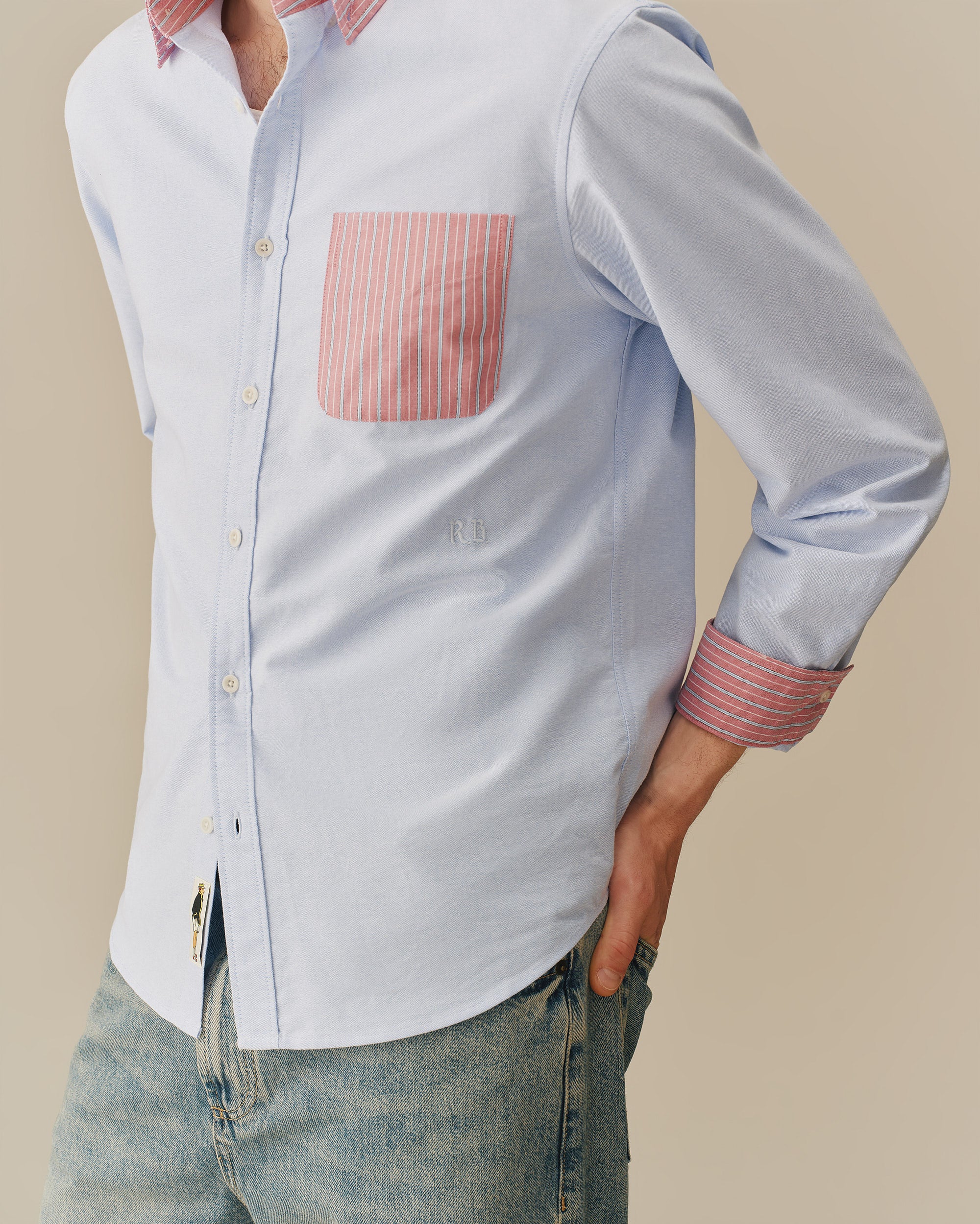 Men’s Color Block Stripe Oxford Shirt Blue - Image 6