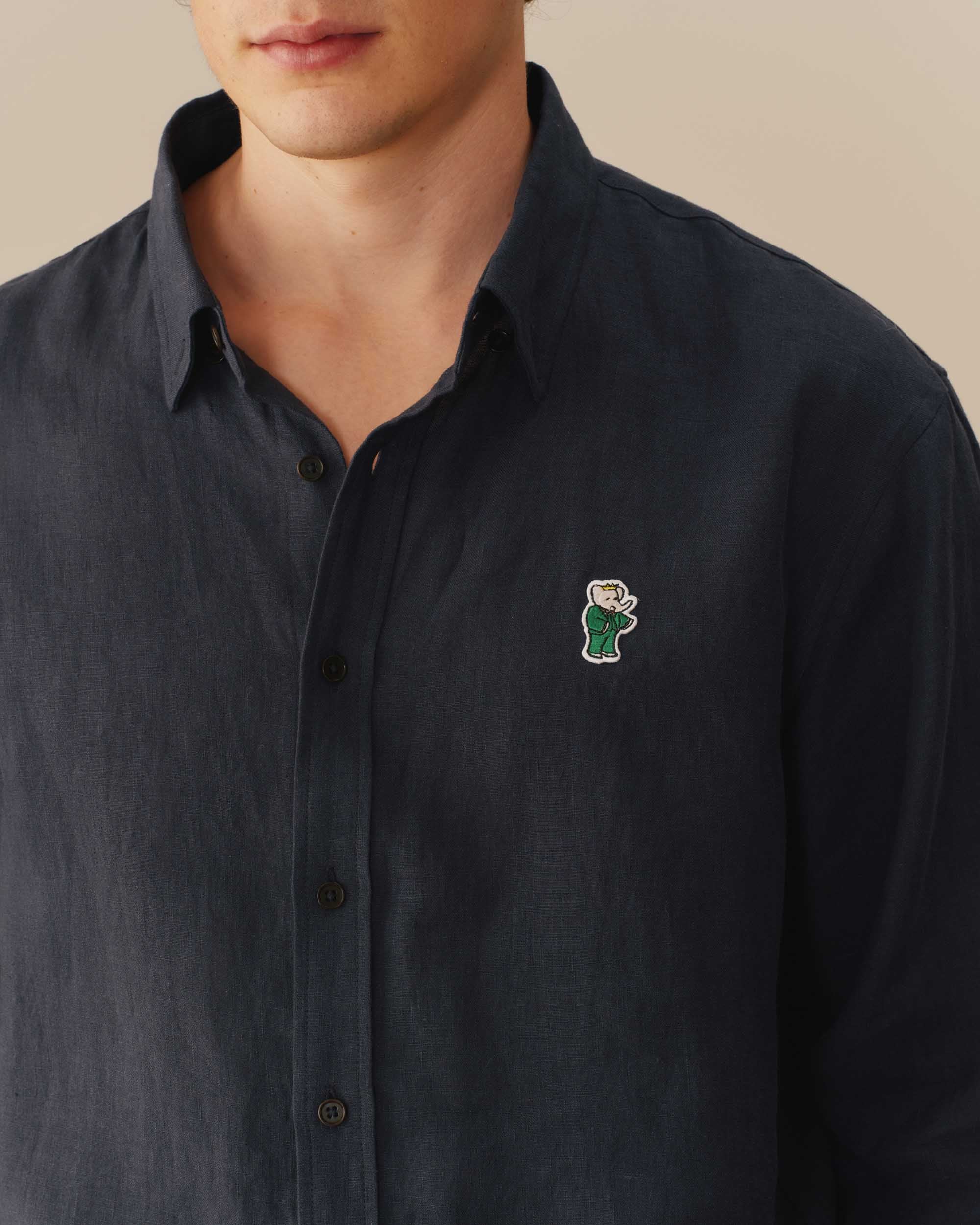 Men’s Relaxed Linen Babar Shirt Navy - Image 3