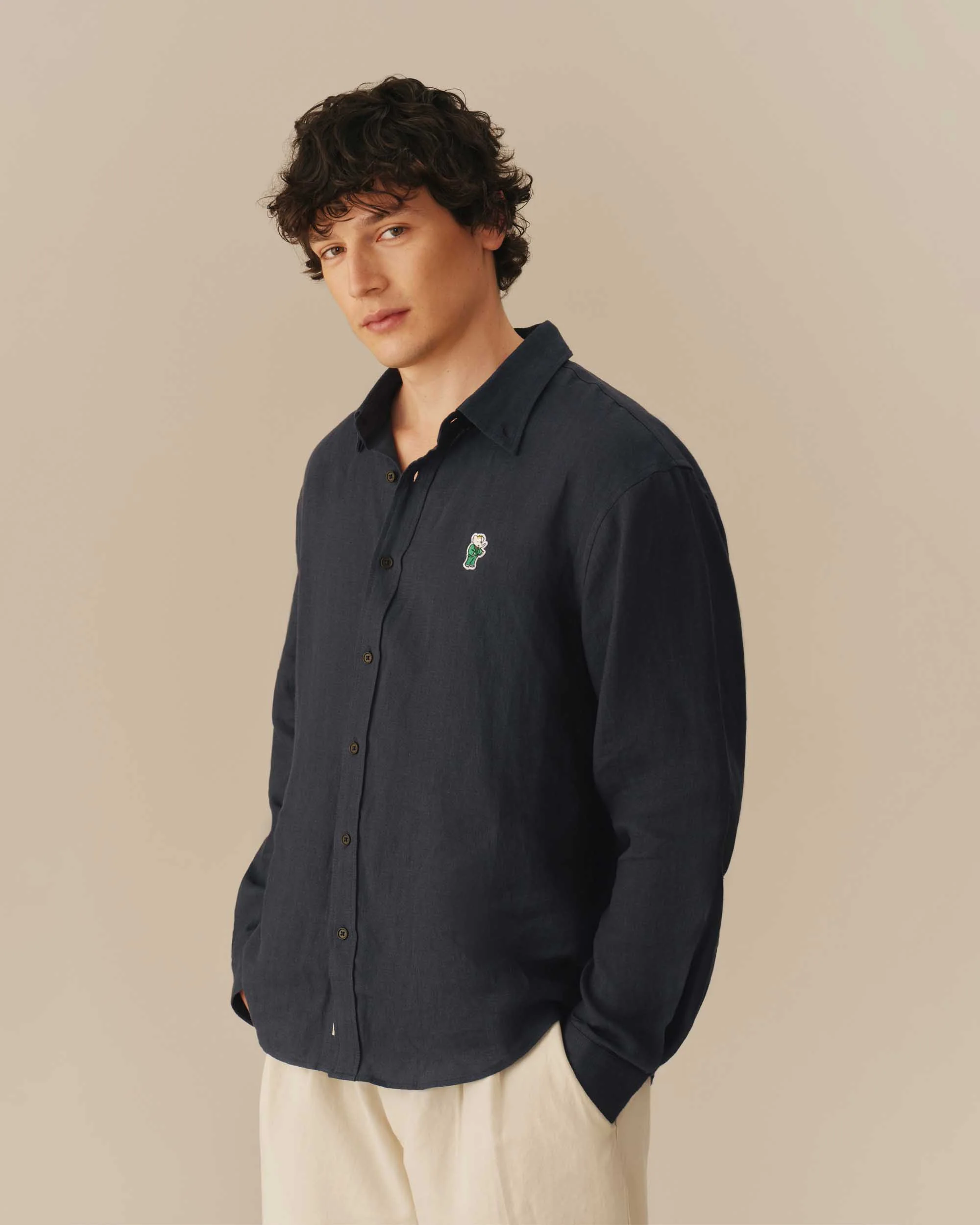 Men’s Relaxed Linen Babar Shirt Navy - Image 4