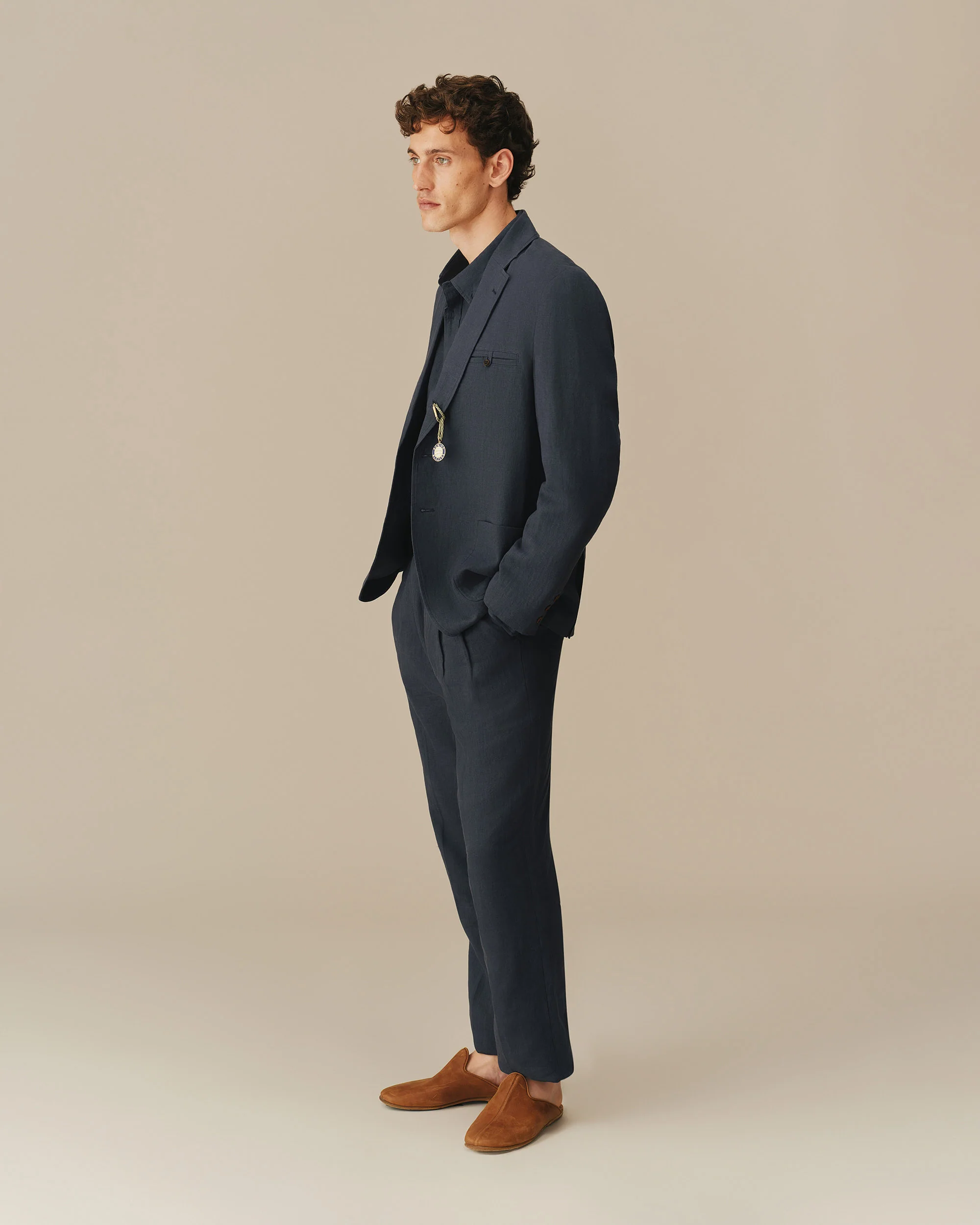 Men’s Welt Pocket Linen Blazer Navy - Image 3