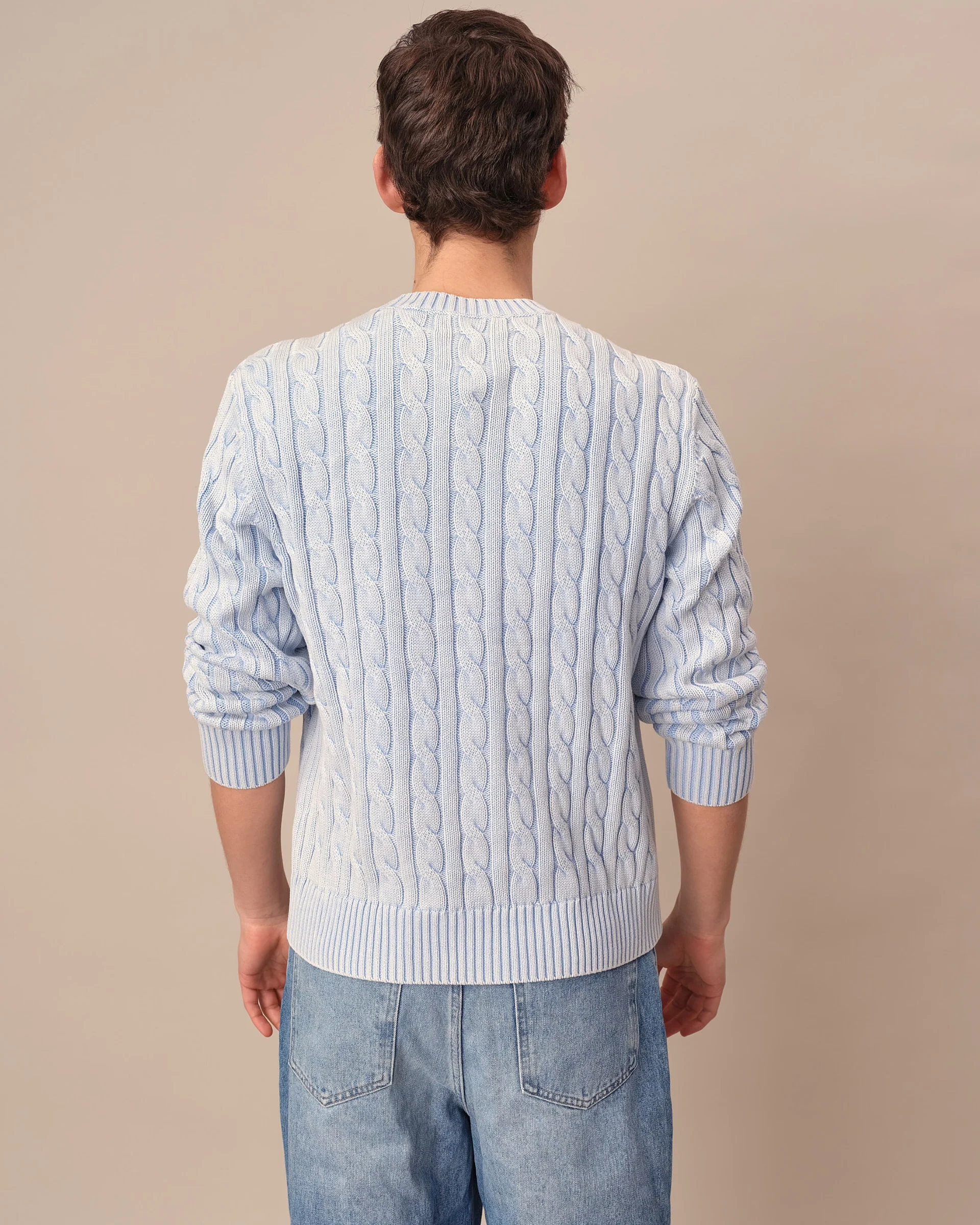 Acid Washed Cotton Cable Knit Sweater Light Blue - Image 4
