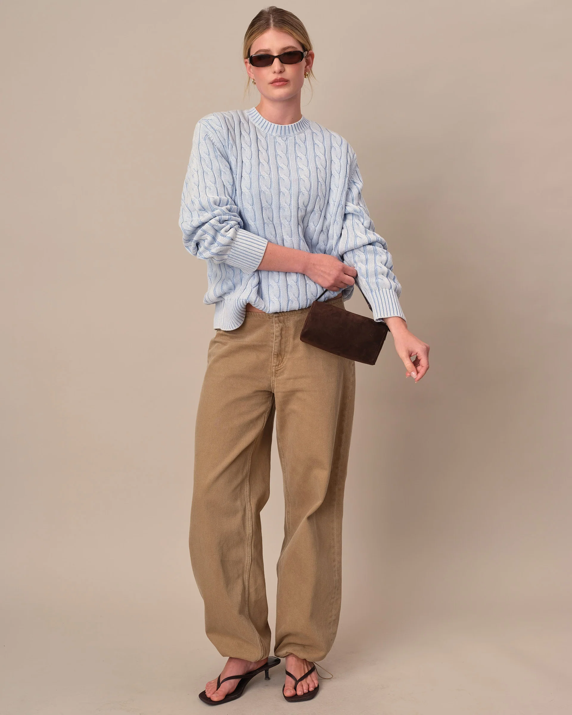 Acid Washed Cotton Cable Knit Sweater Light Blue - Image 5