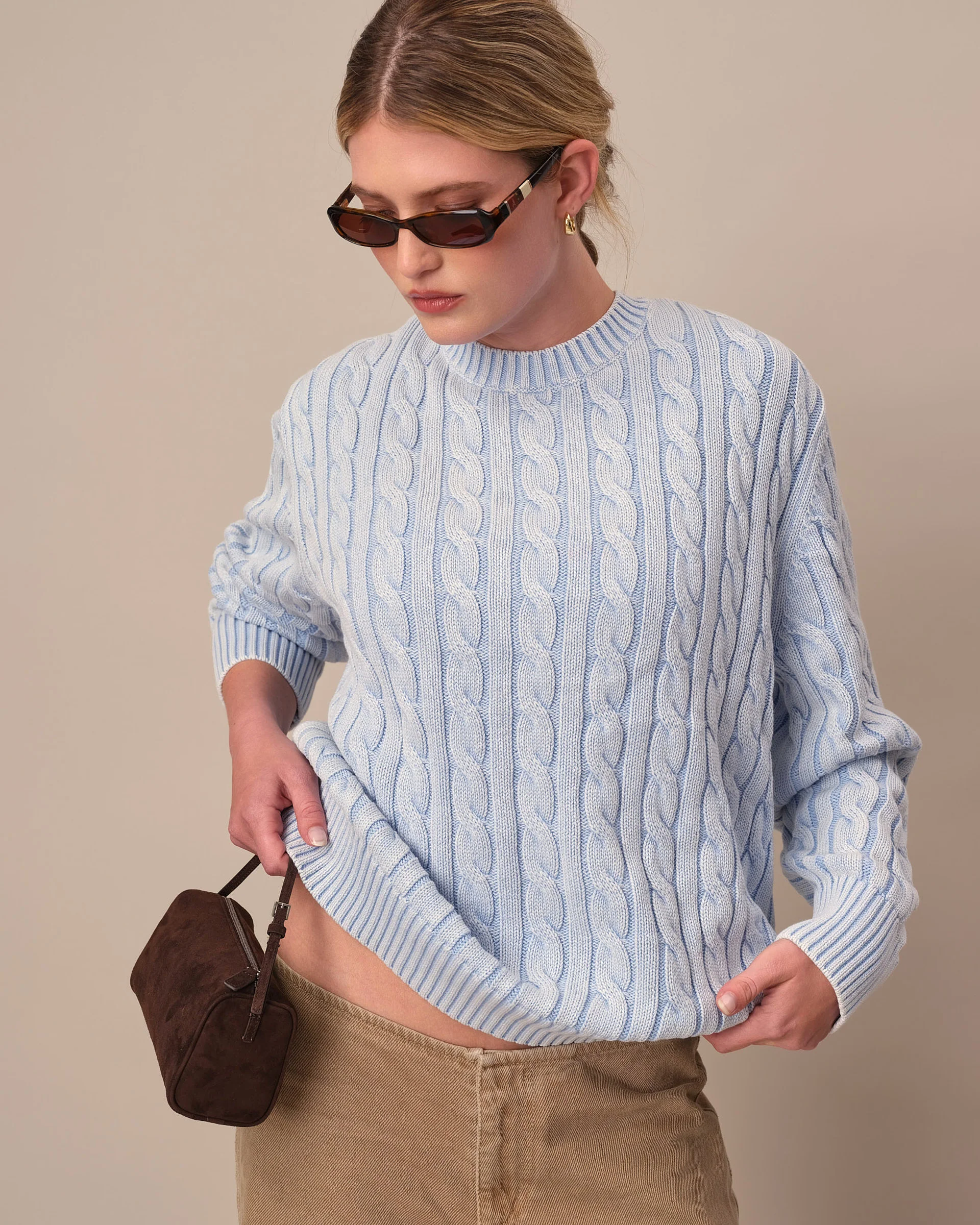 Acid Washed Cotton Cable Knit Sweater Light Blue - Image 6