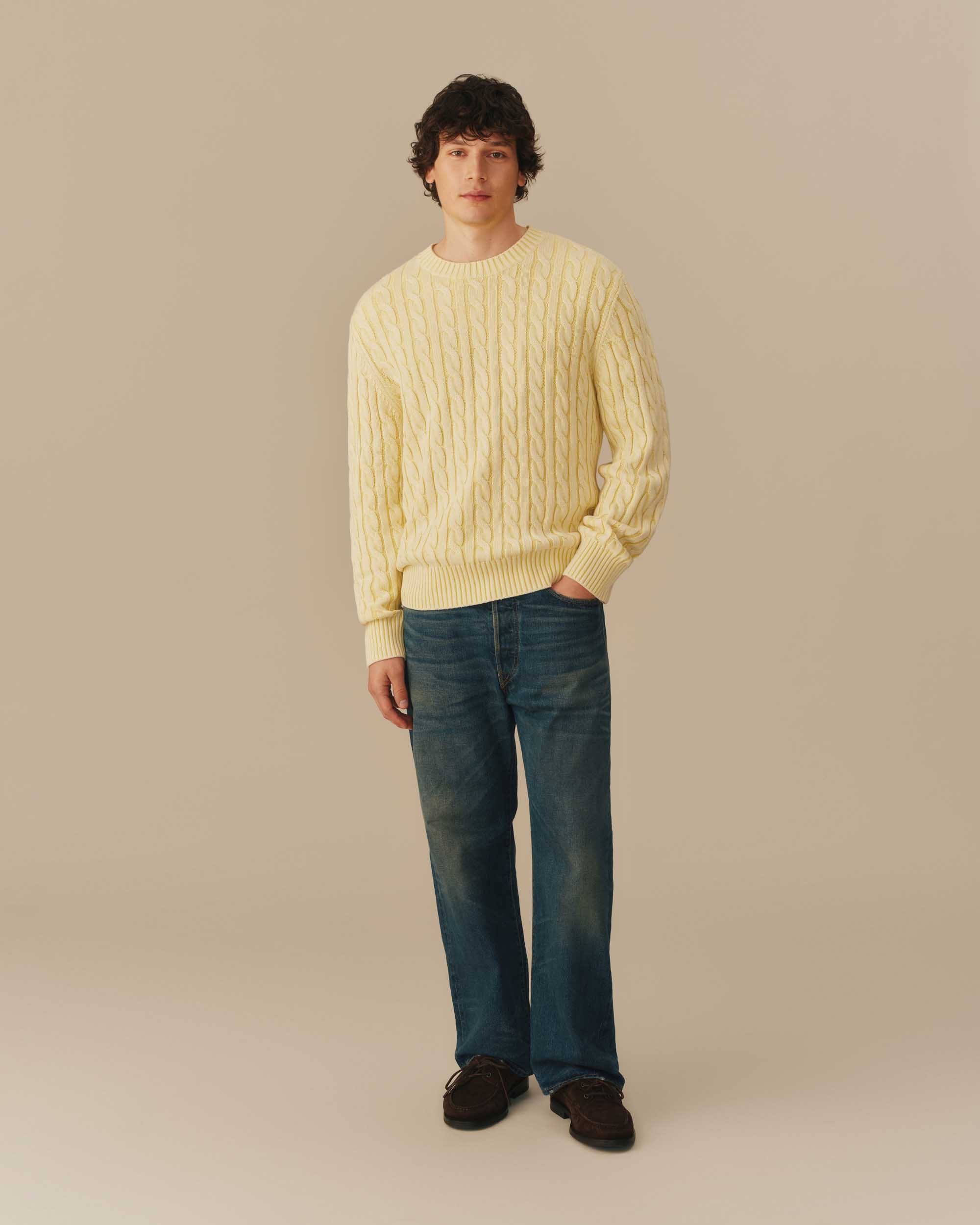 Acid Washed Cotton Cable Knit Sweater Yellow - Image 2