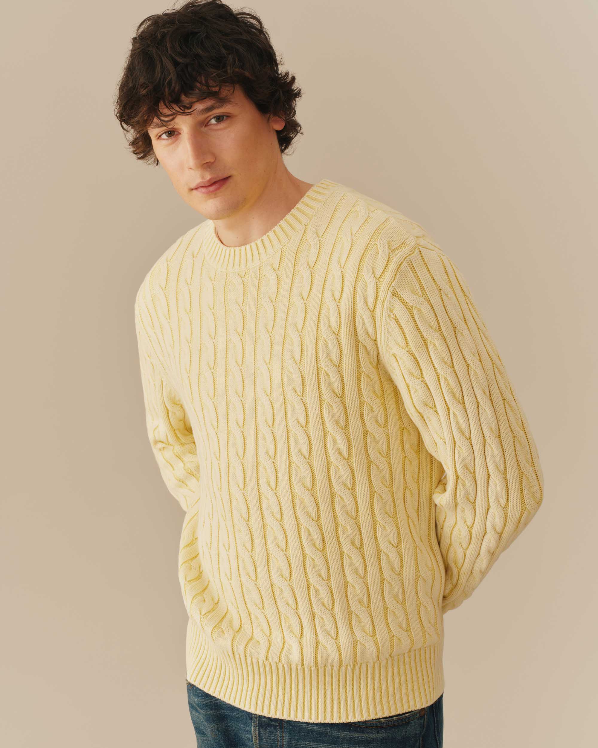 Acid Washed Cotton Cable Knit Sweater Yellow - Image 3
