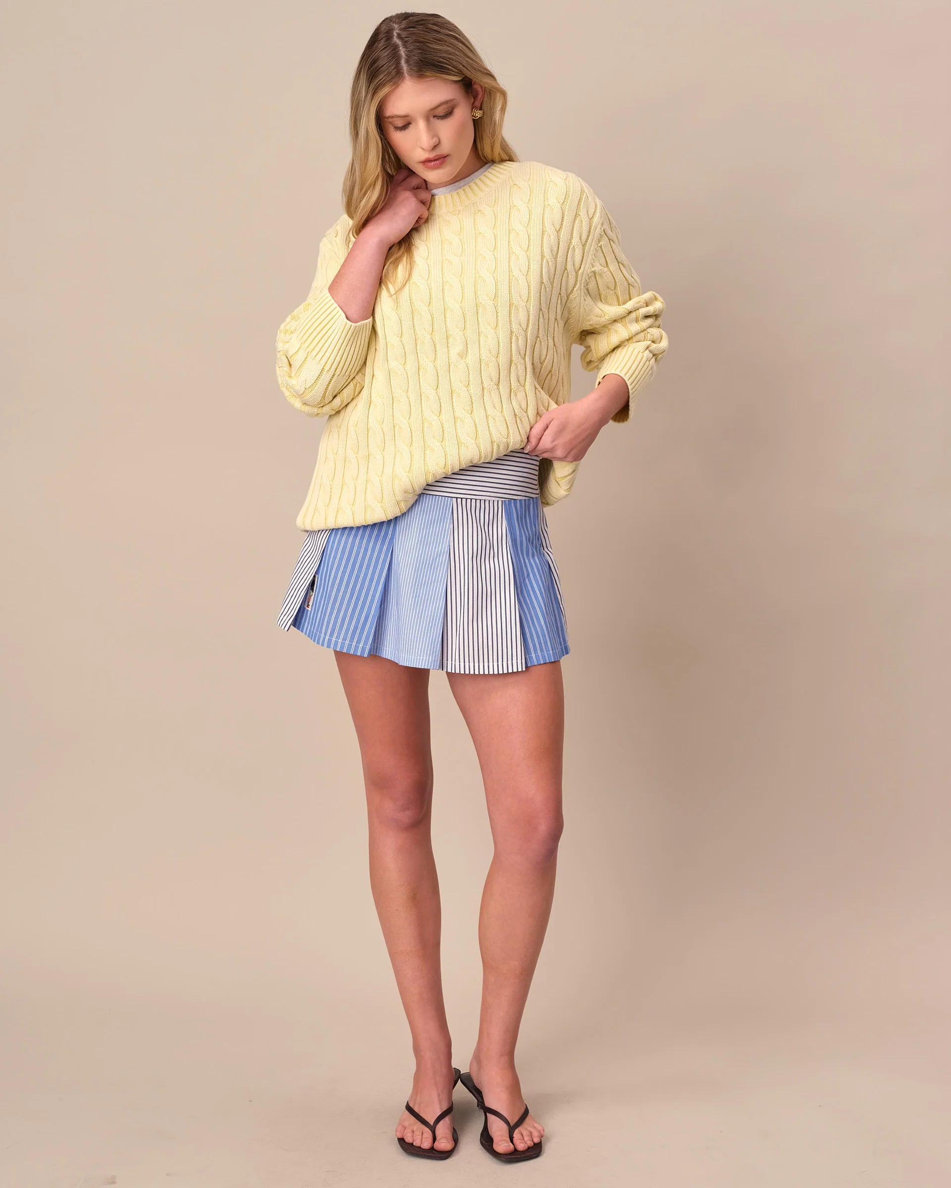 Acid Washed Cotton Cable Knit Sweater Yellow - Image 5