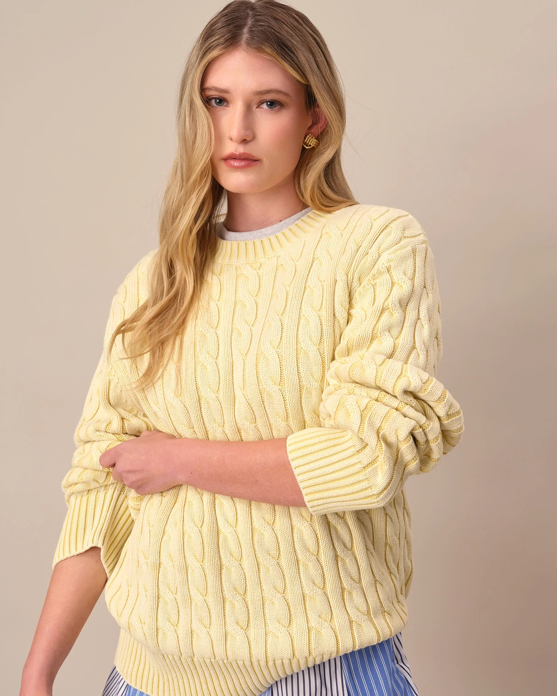 Acid Washed Cotton Cable Knit Sweater Yellow - Image 6