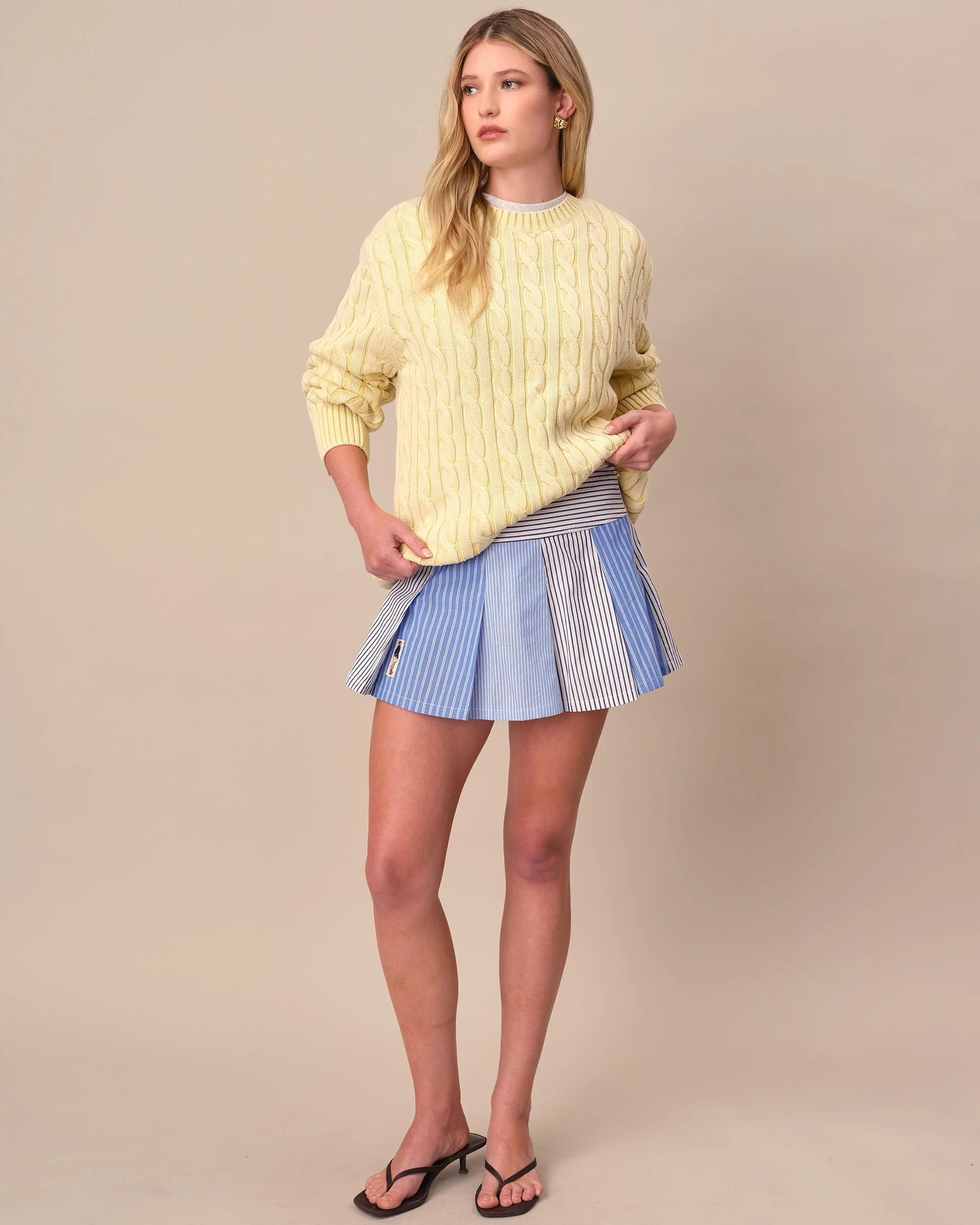 Acid Washed Cotton Cable Knit Sweater Yellow - Image 7