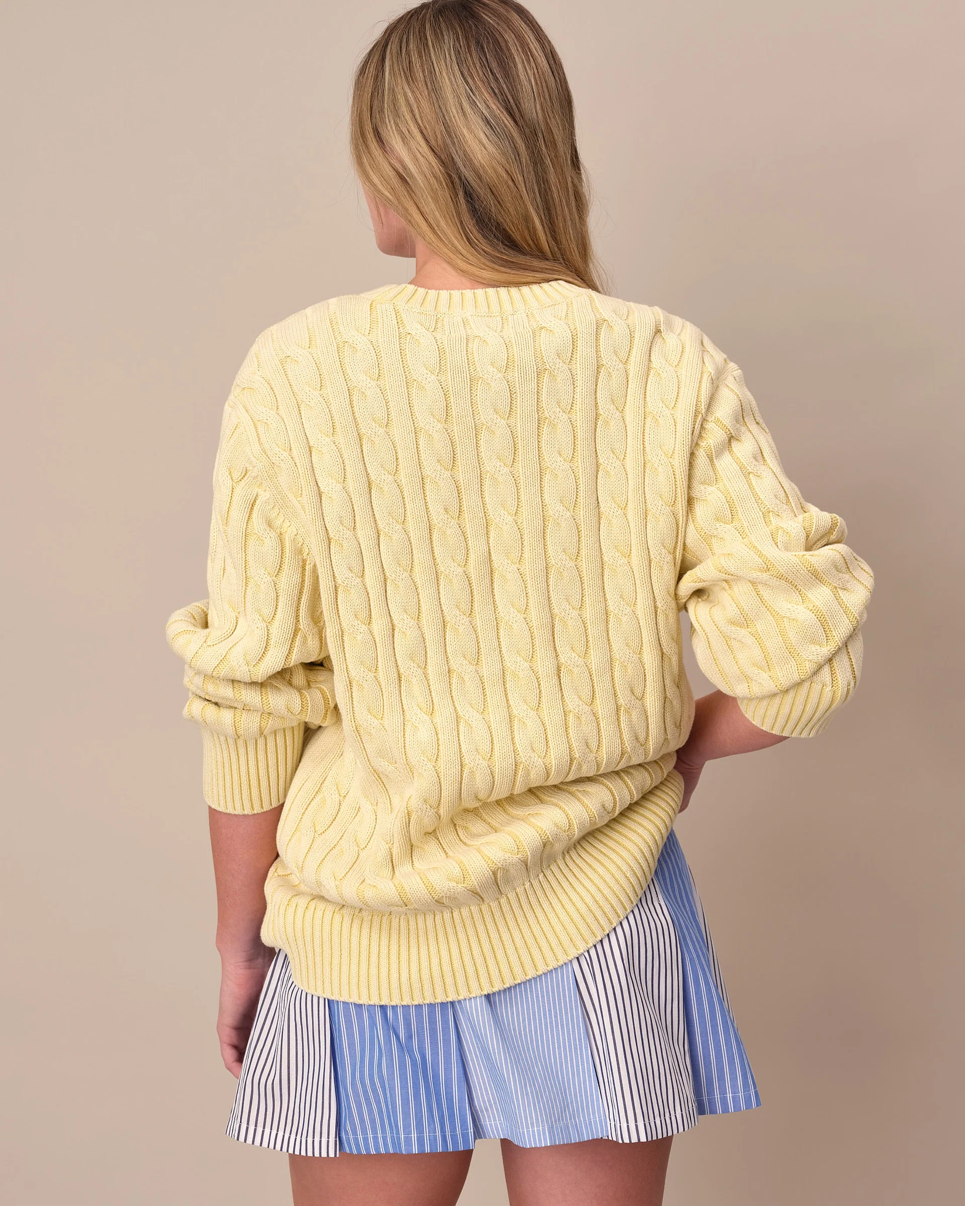 Acid Washed Cotton Cable Knit Sweater Yellow - Image 8