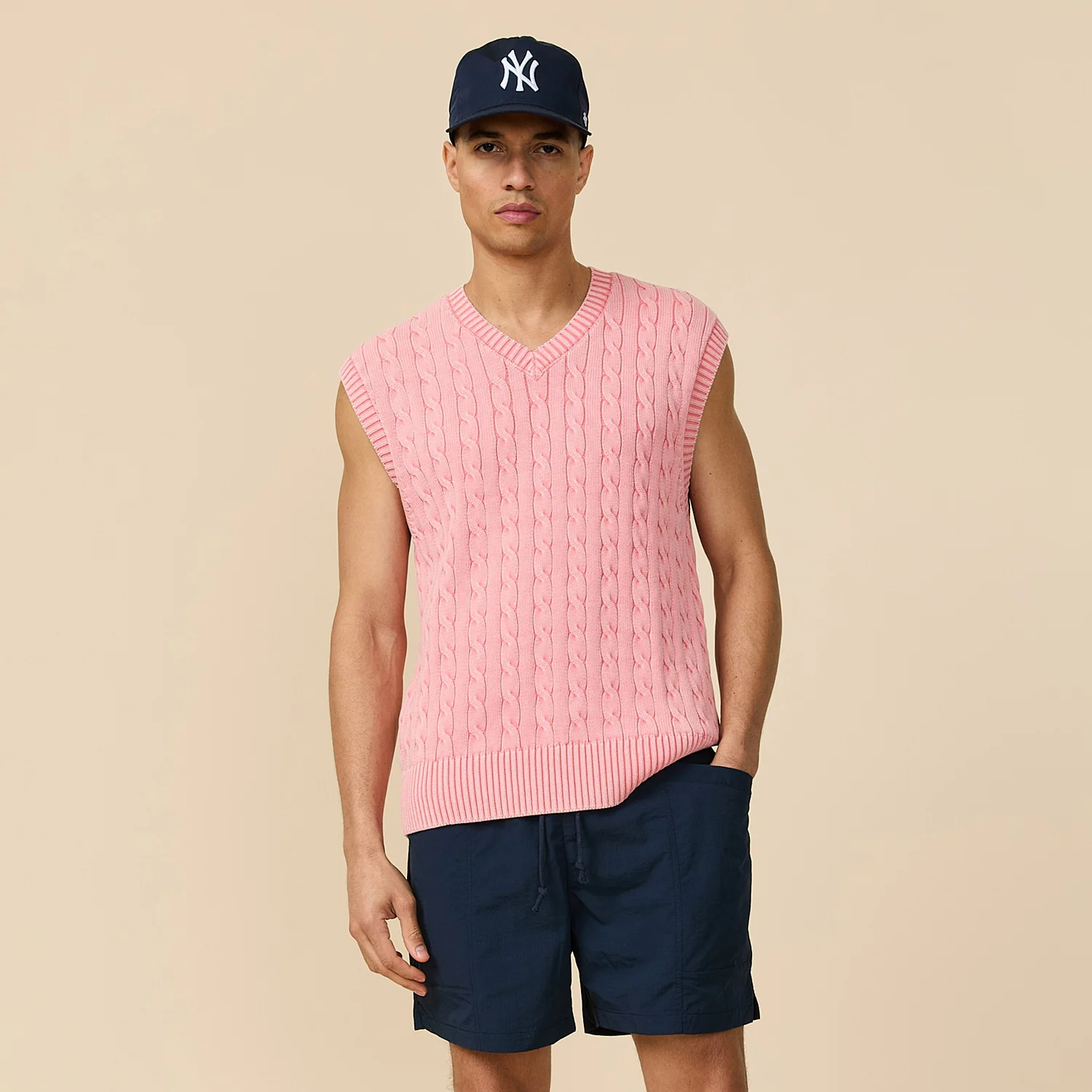 Acid Washed Cotton Cableknit Sweater Vest Pink - Image 2