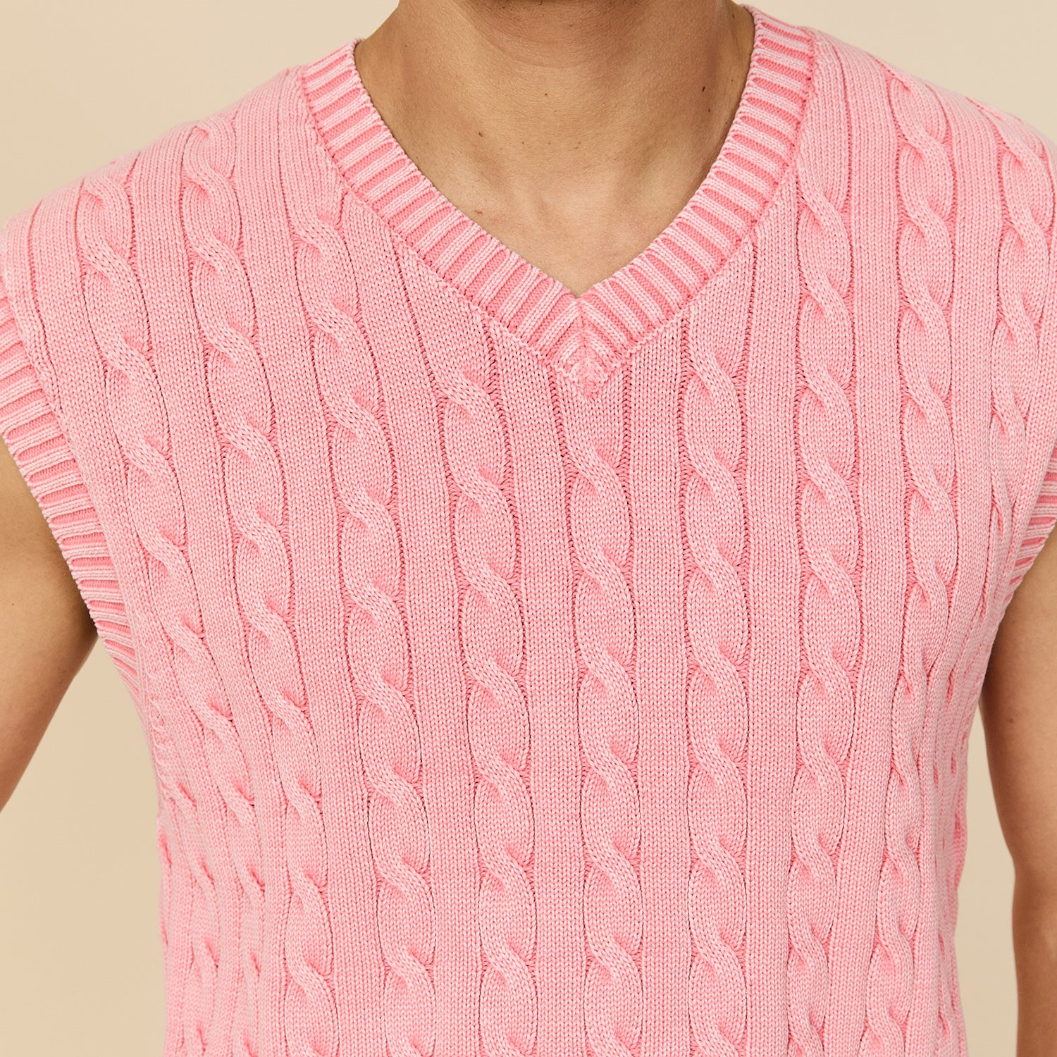 Acid Washed Cotton Cableknit Sweater Vest Pink - Image 3