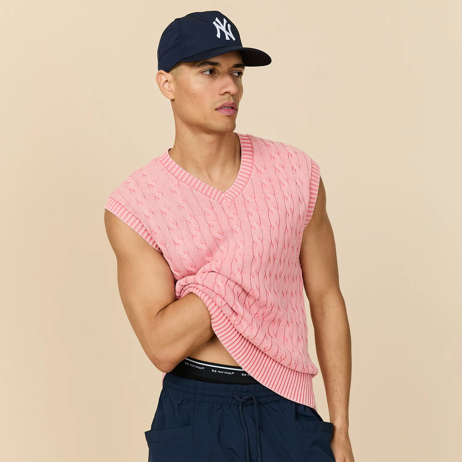 Acid Washed Cotton Cableknit Sweater Vest Pink - Image 4