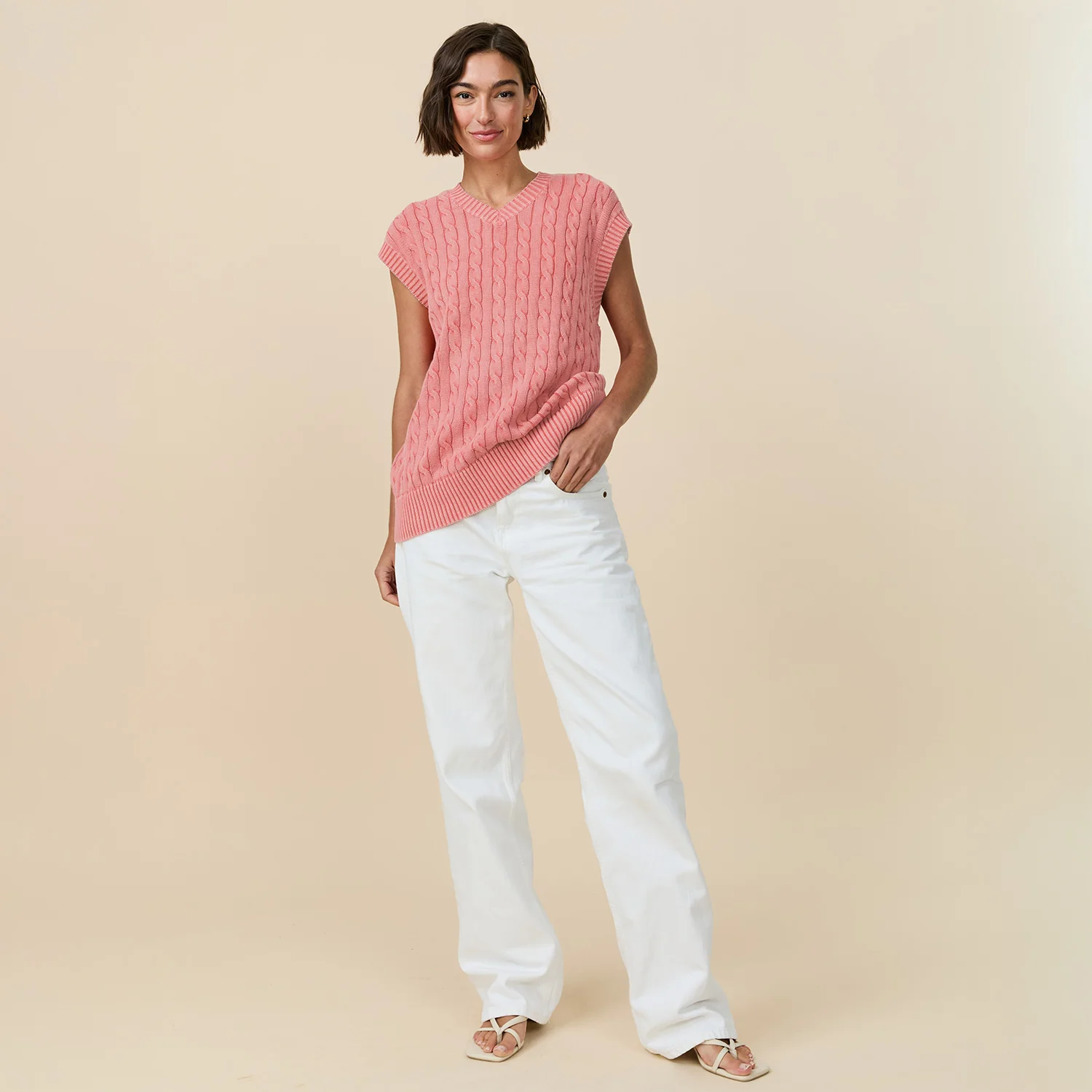 Acid Washed Cotton Cableknit Sweater Vest Pink - Image 5