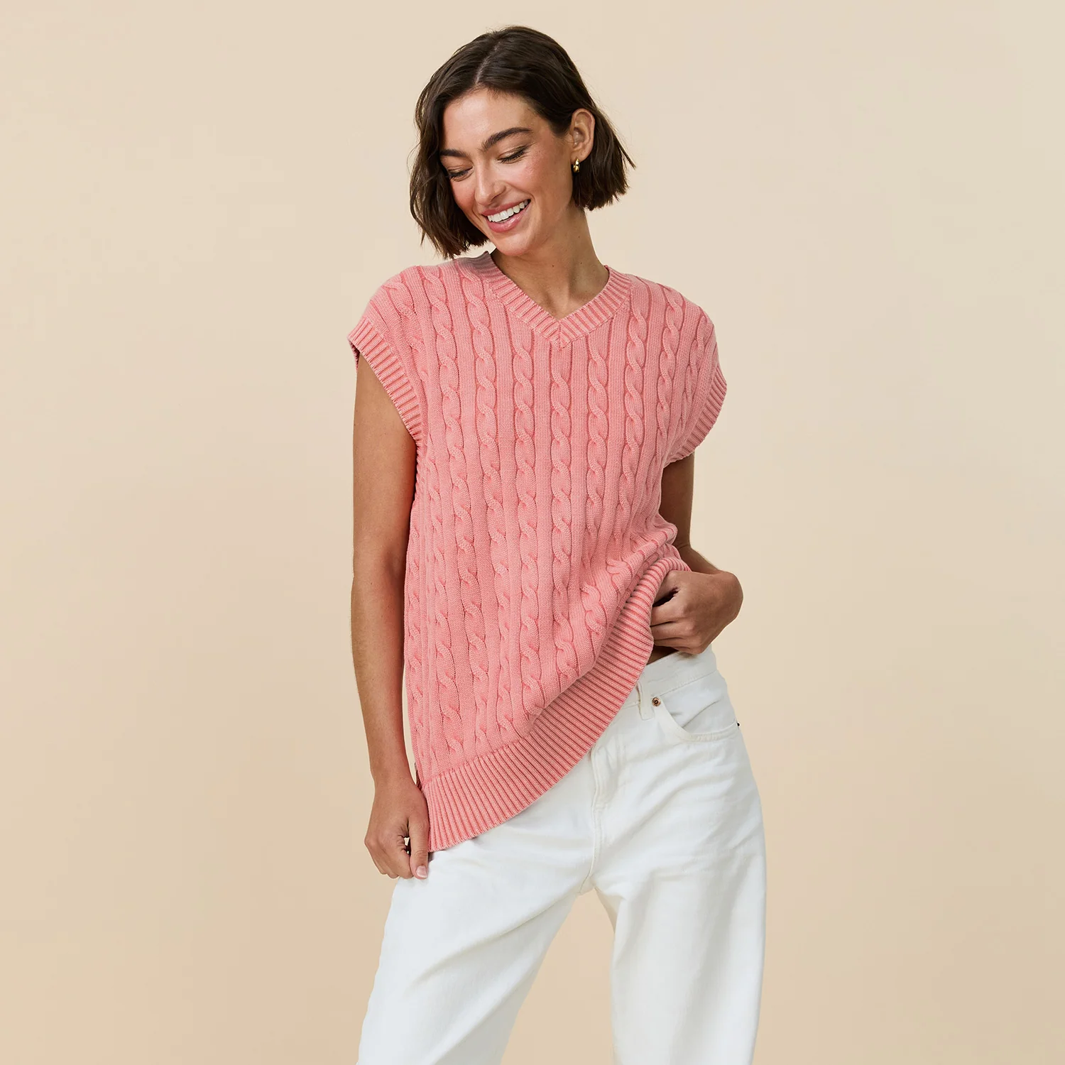 Acid Washed Cotton Cableknit Sweater Vest Pink - Image 6