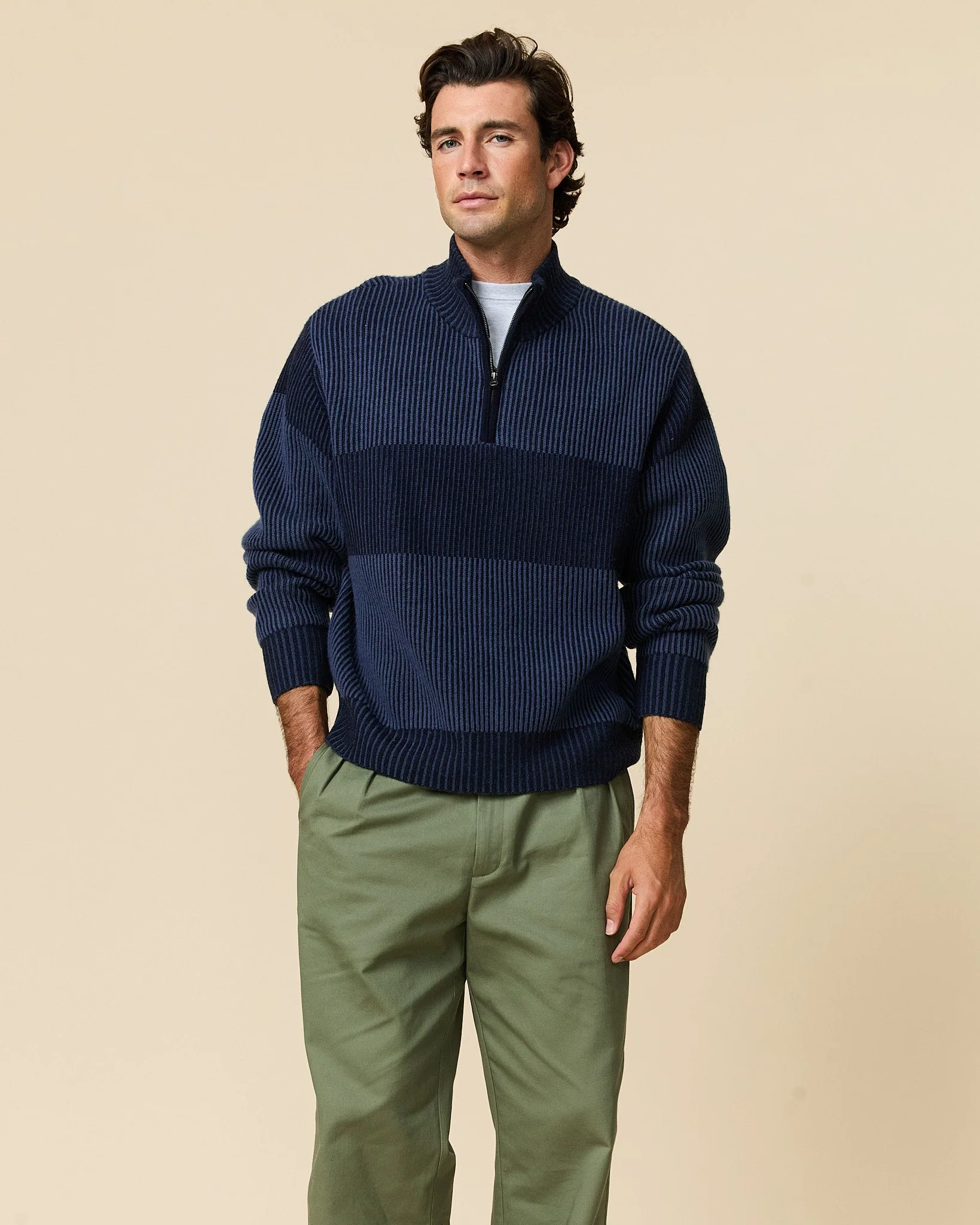 Cashmere Quarter Zip Ottoman Rib Sweater Navy - Image 2