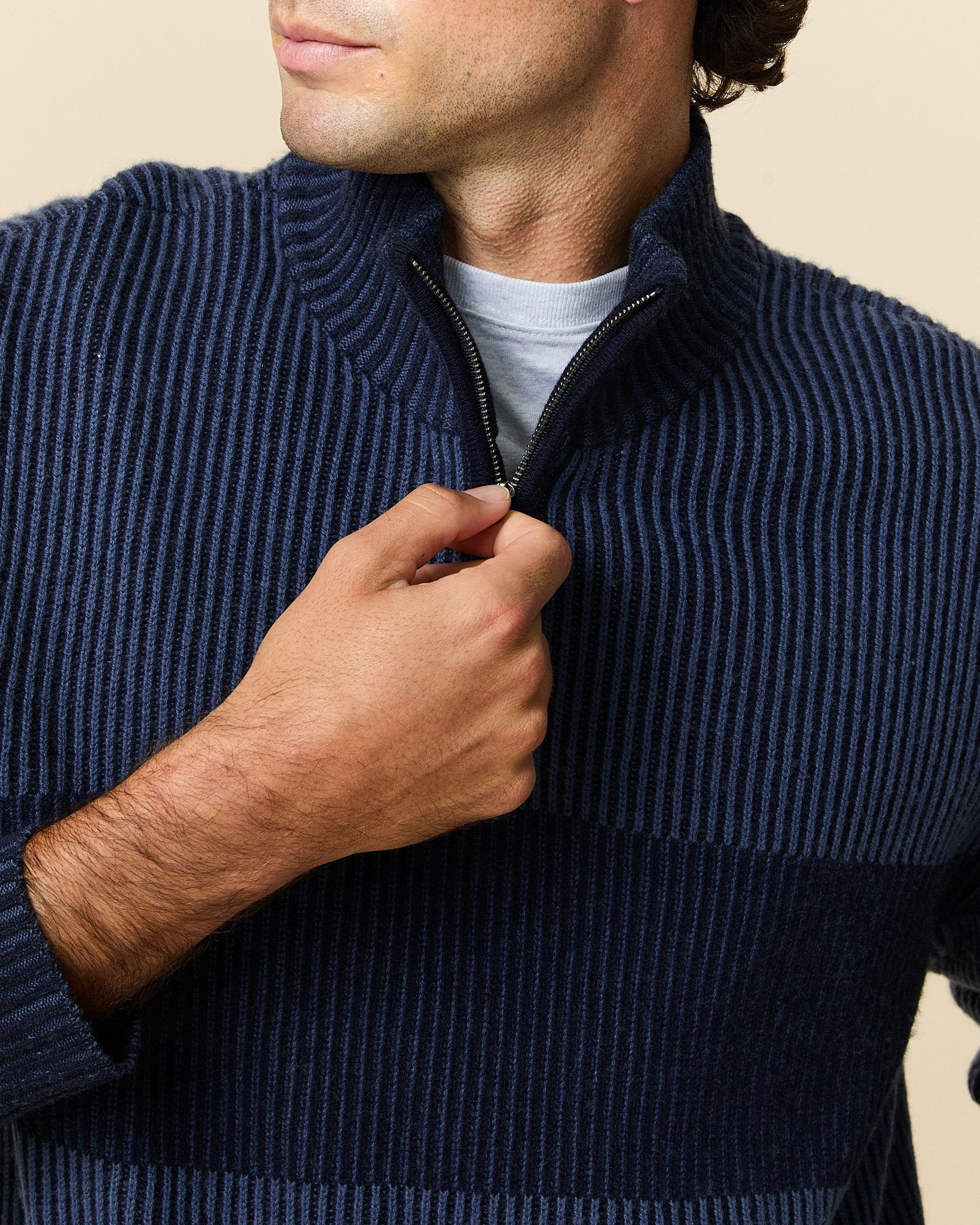 Cashmere Quarter Zip Ottoman Rib Sweater Navy - Image 3