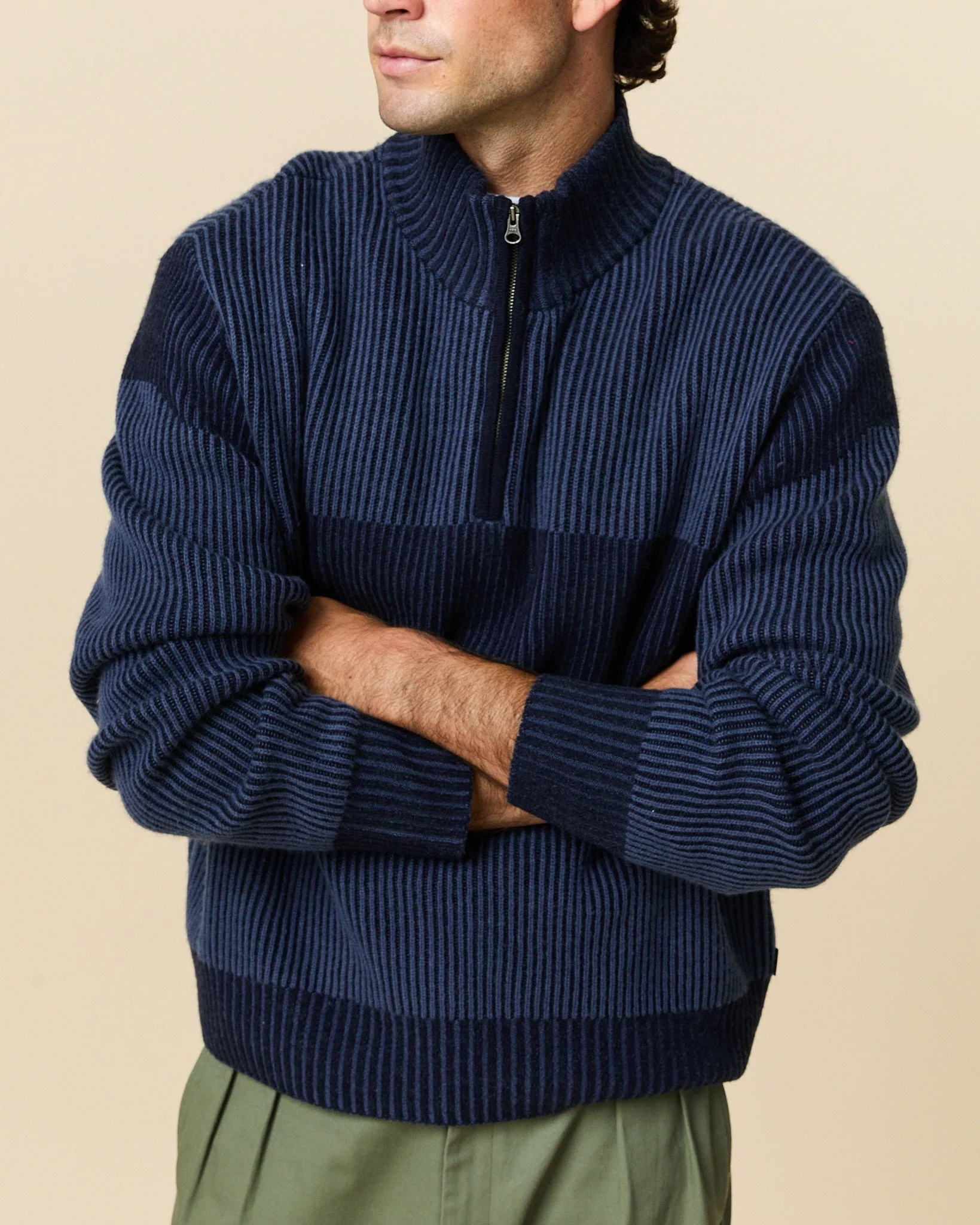 Cashmere Quarter Zip Ottoman Rib Sweater Navy - Image 4