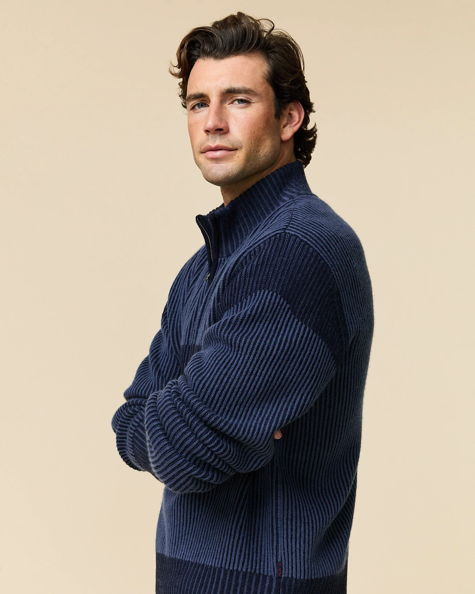 Cashmere Quarter Zip Ottoman Rib Sweater Navy - Image 5