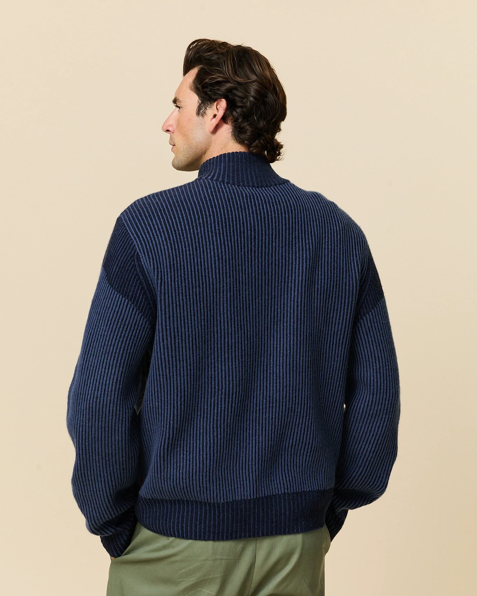 Cashmere Quarter Zip Ottoman Rib Sweater Navy - Image 6