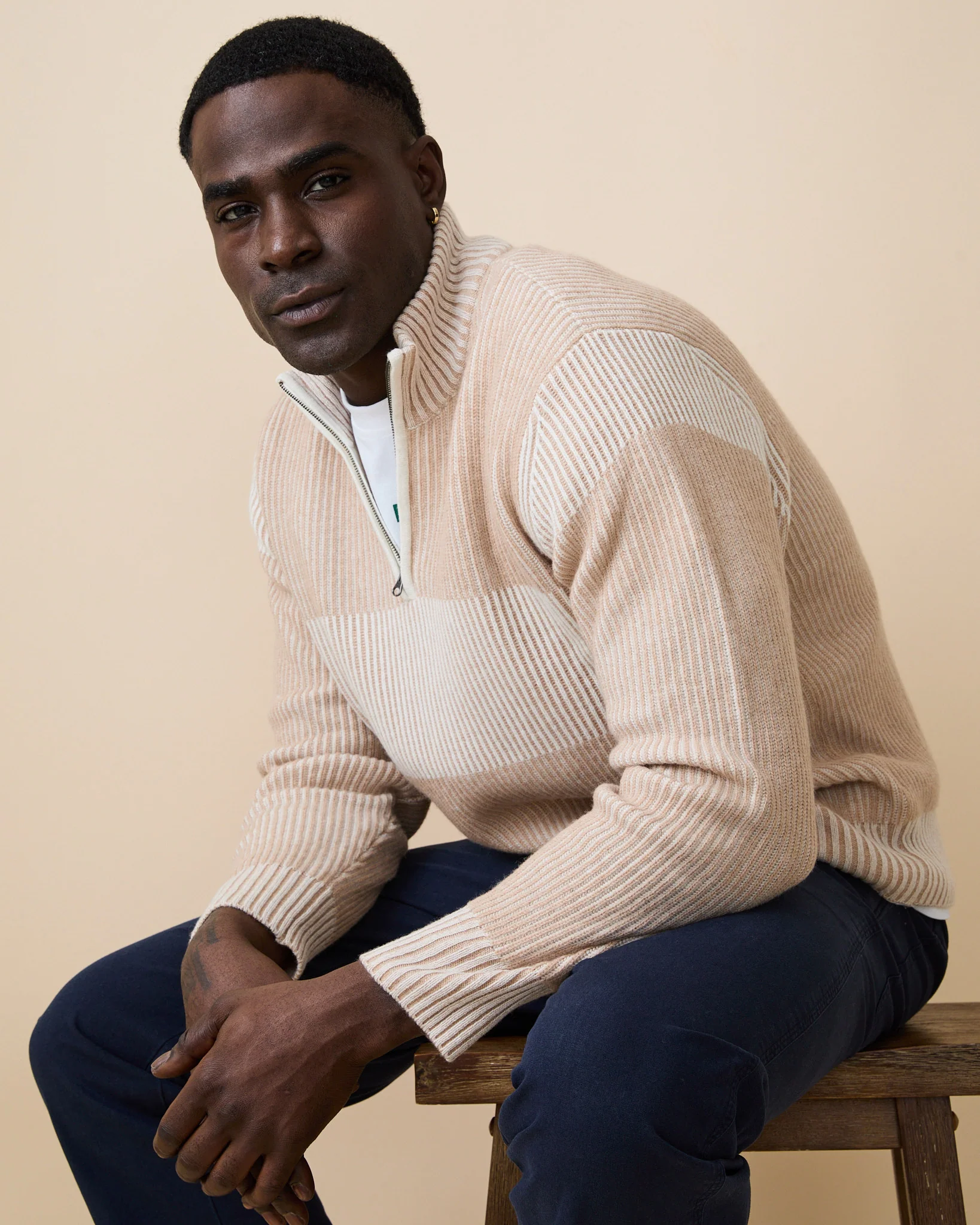 Cashmere Quarter Zip Ottoman Rib Sweater Beige