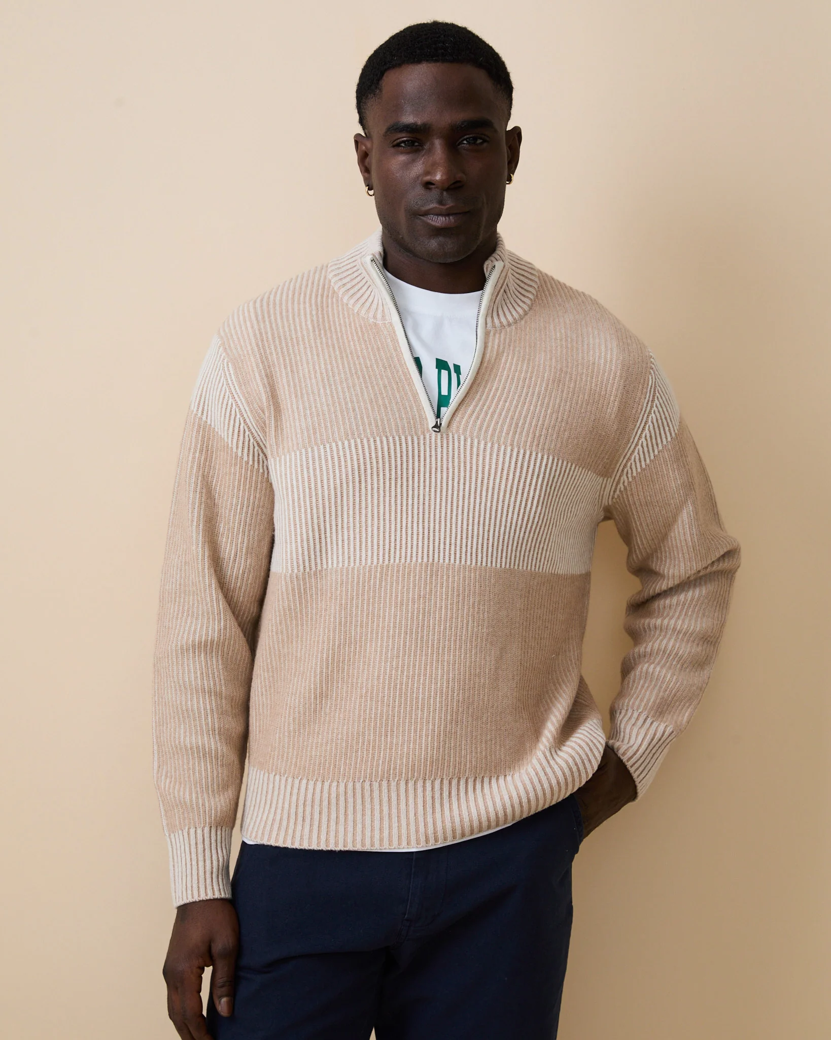 Cashmere Quarter Zip Ottoman Rib Sweater Beige - Image 2