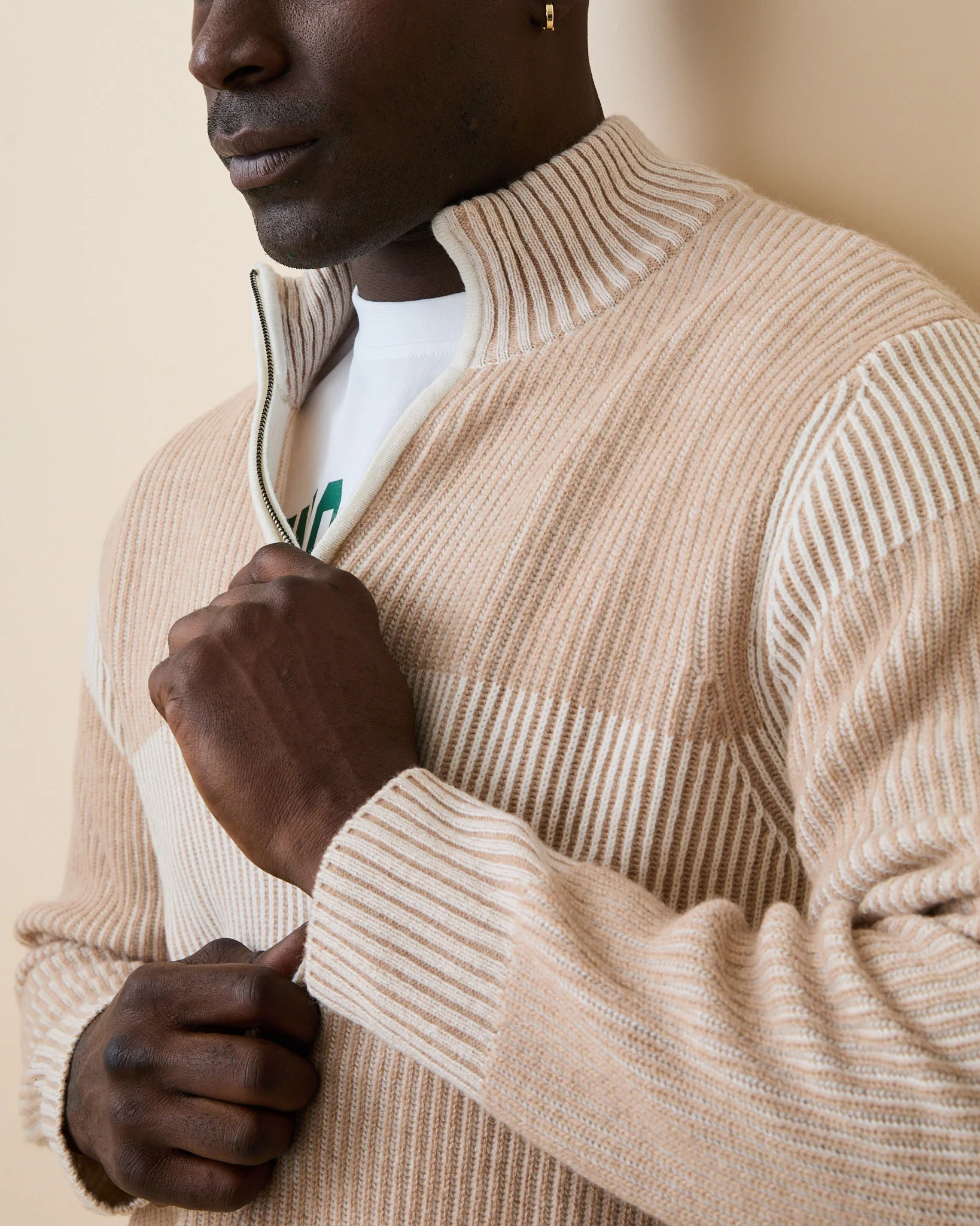 Cashmere Quarter Zip Ottoman Rib Sweater Beige - Image 3