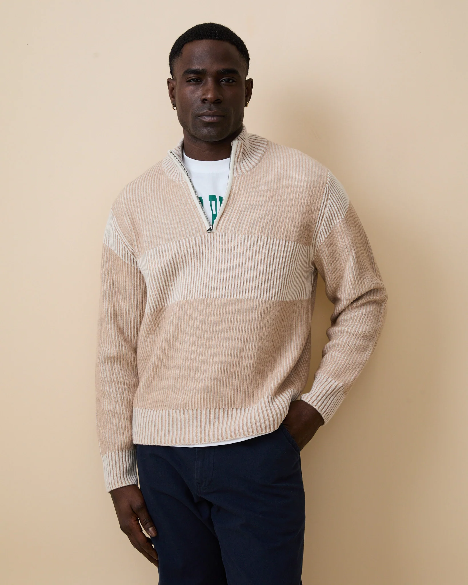 Cashmere Quarter Zip Ottoman Rib Sweater Beige - Image 4