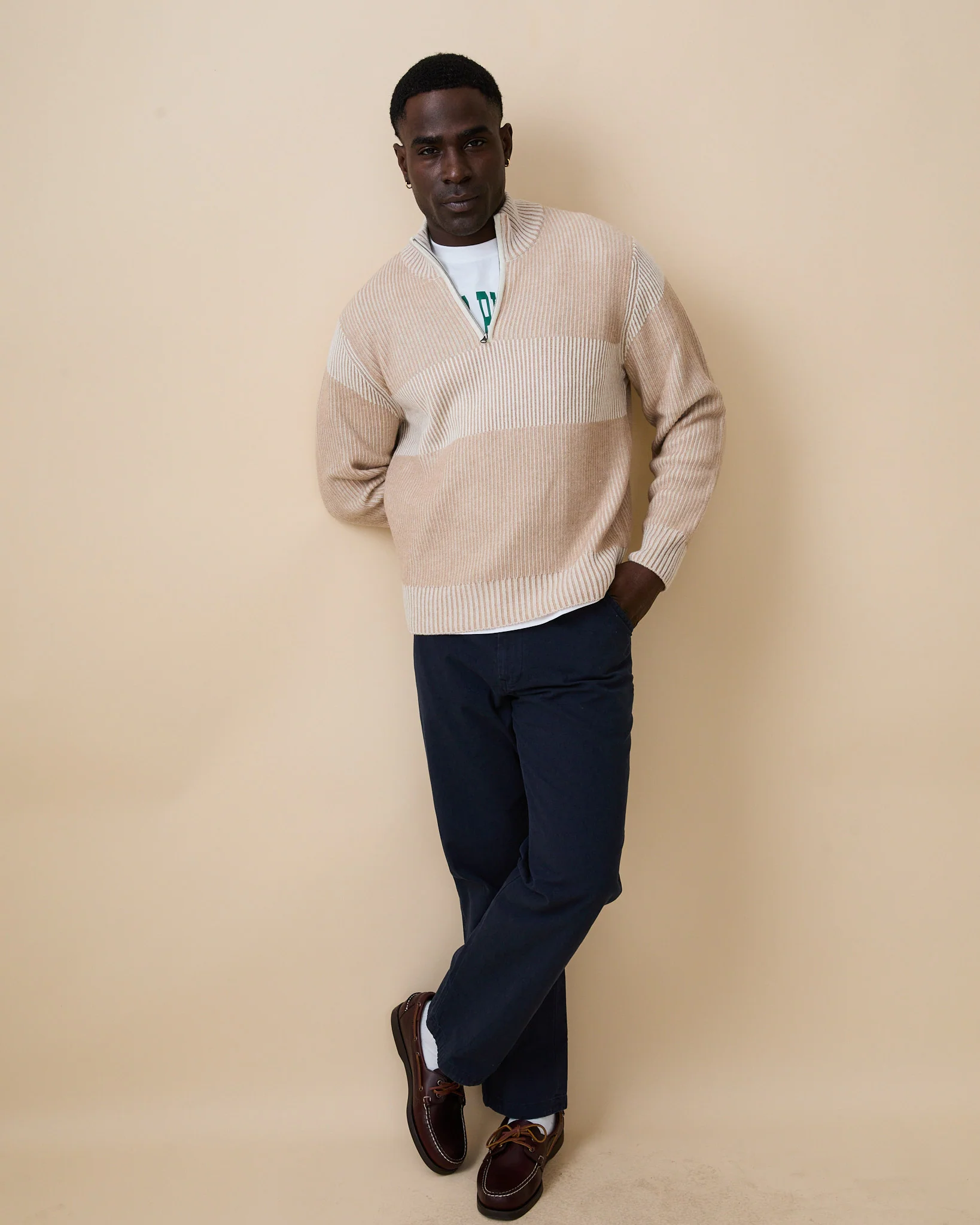 Cashmere Quarter Zip Ottoman Rib Sweater Beige - Image 5