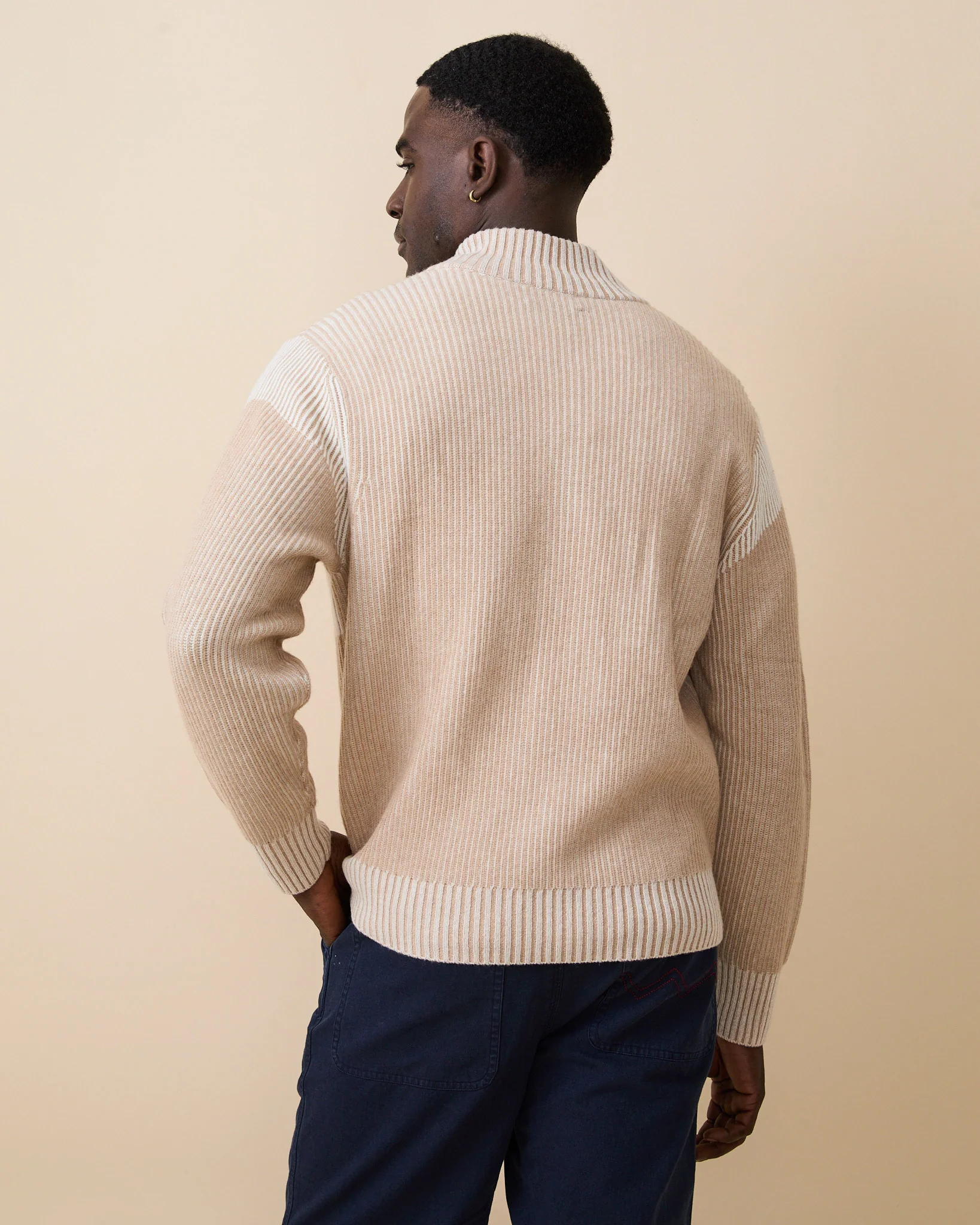Cashmere Quarter Zip Ottoman Rib Sweater Beige - Image 6
