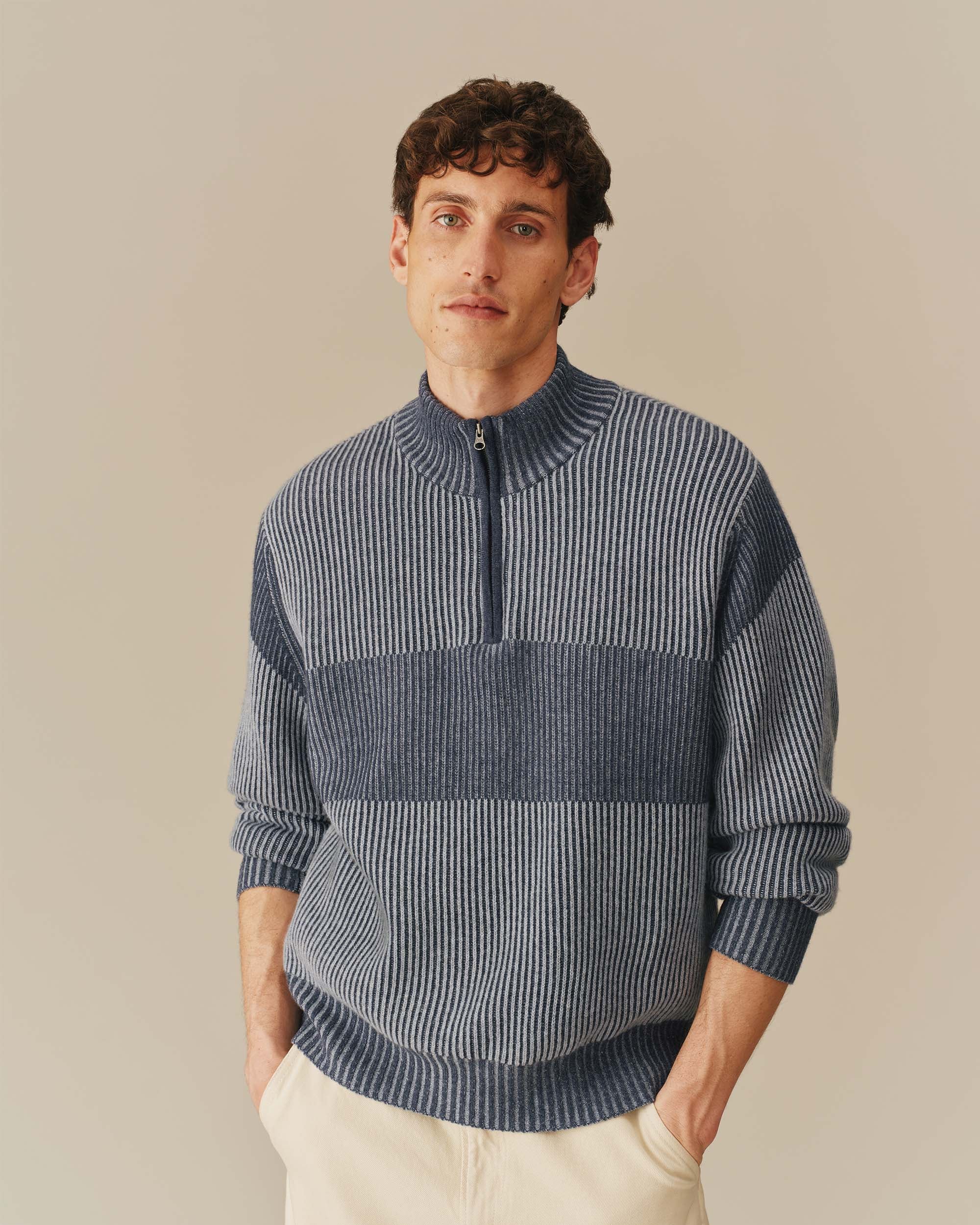 Cashmere Quarter Zip Ottoman Rib Sweater Blue - Image 2