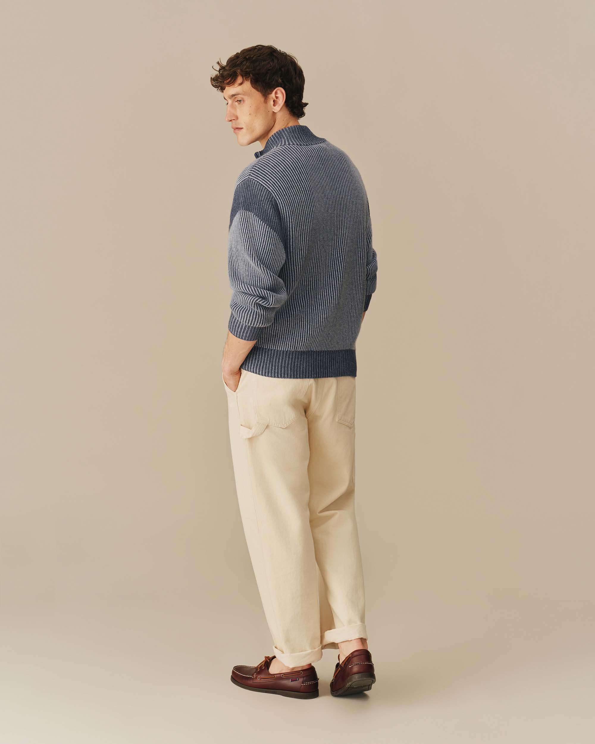 Cashmere Quarter Zip Ottoman Rib Sweater Blue - Image 3