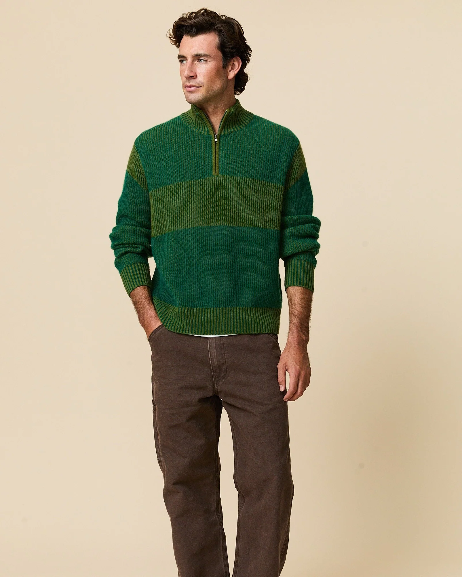 Cashmere Quarter Zip Ottoman Rib Sweater Green