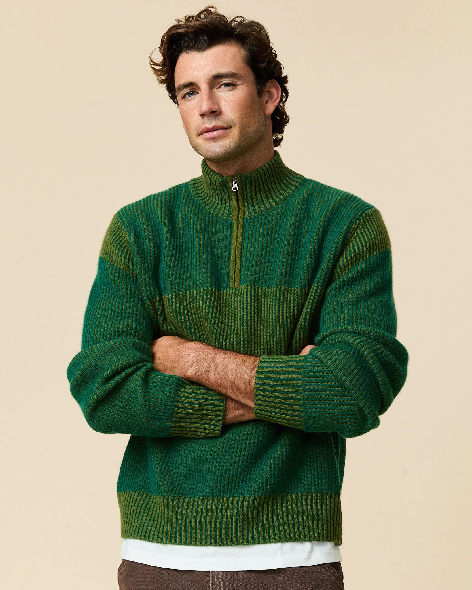 Cashmere Quarter Zip Ottoman Rib Sweater Green - Image 2