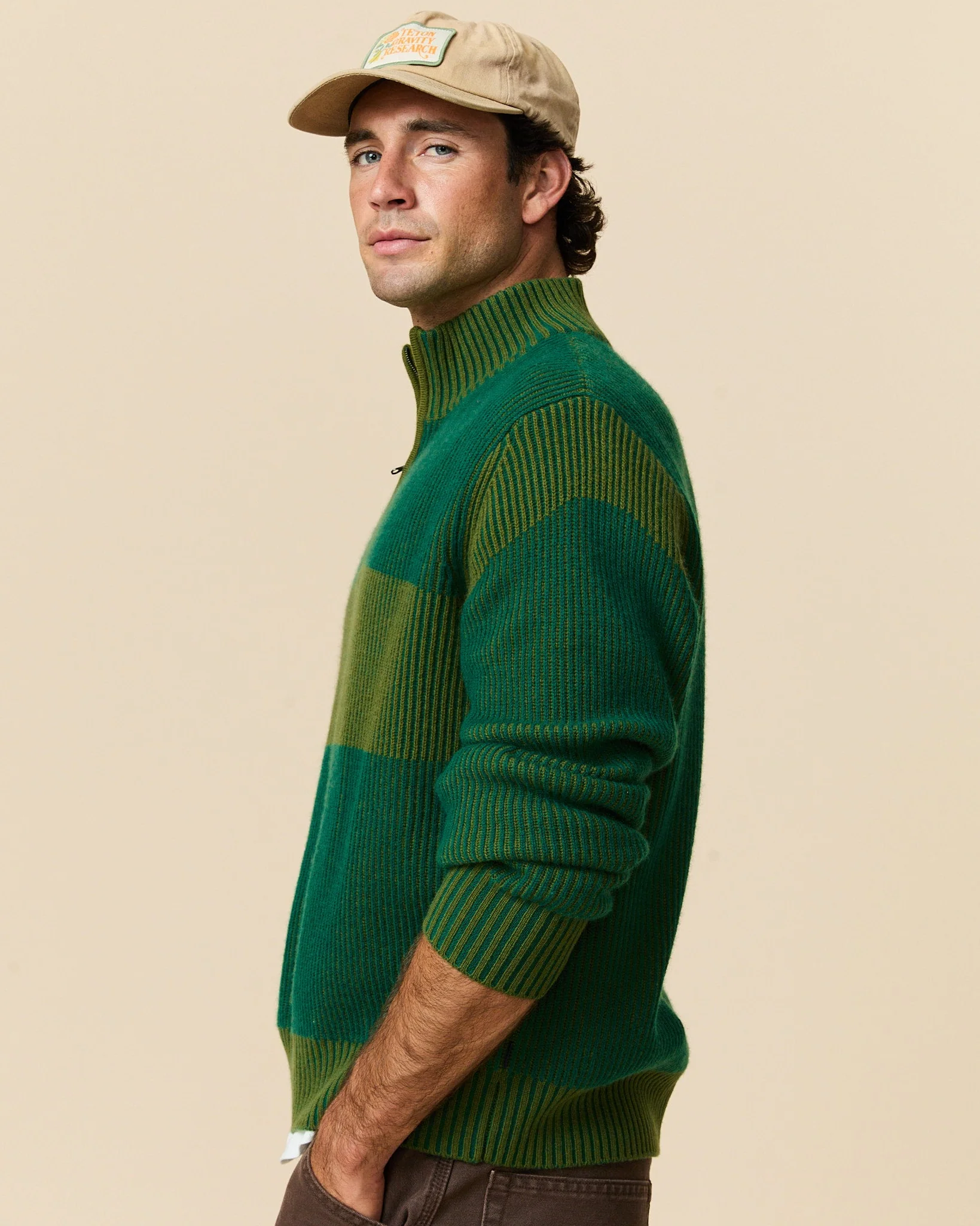 Cashmere Quarter Zip Ottoman Rib Sweater Green - Image 3