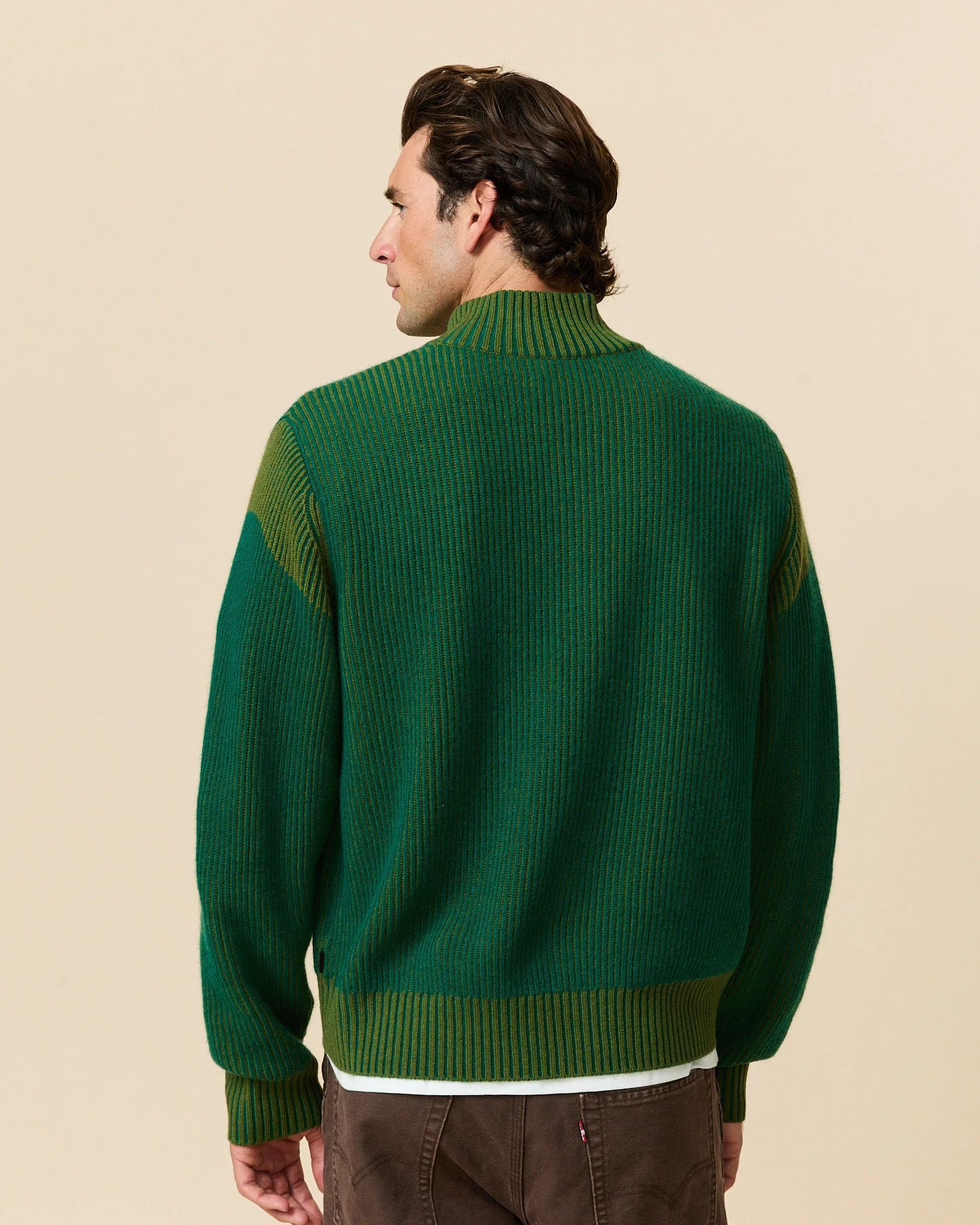 Cashmere Quarter Zip Ottoman Rib Sweater Green - Image 6