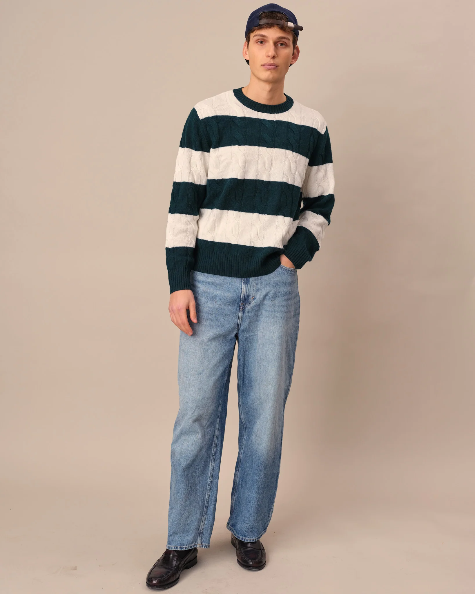 Cashmere Rugby Stripe Cable Knit Sweater Green/Cream Stripe