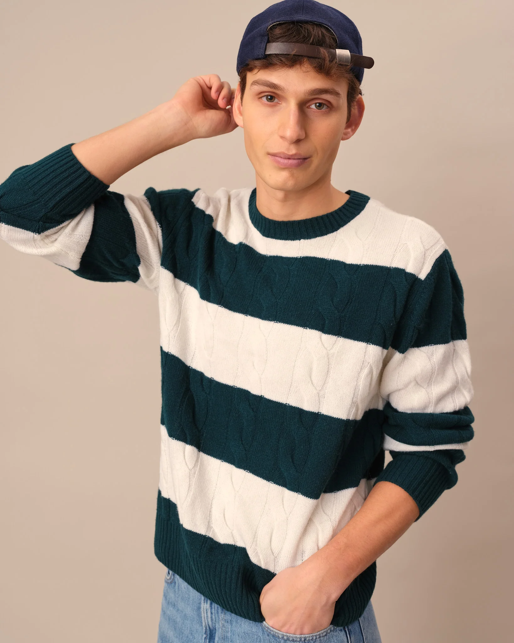 Cashmere Rugby Stripe Cable Knit Sweater Green/Cream Stripe - Image 2