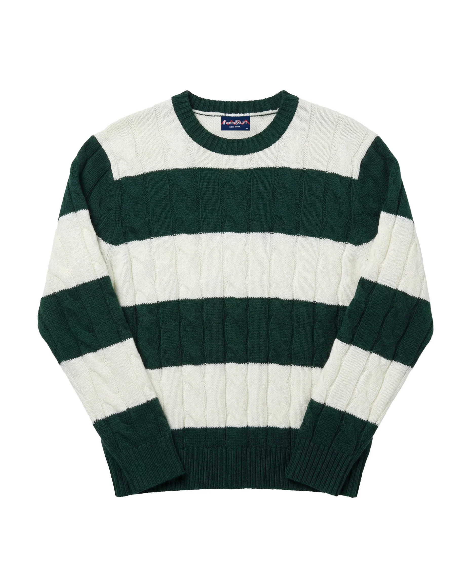 Cashmere Rugby Stripe Cable Knit Sweater Green/Cream Stripe - Image 4