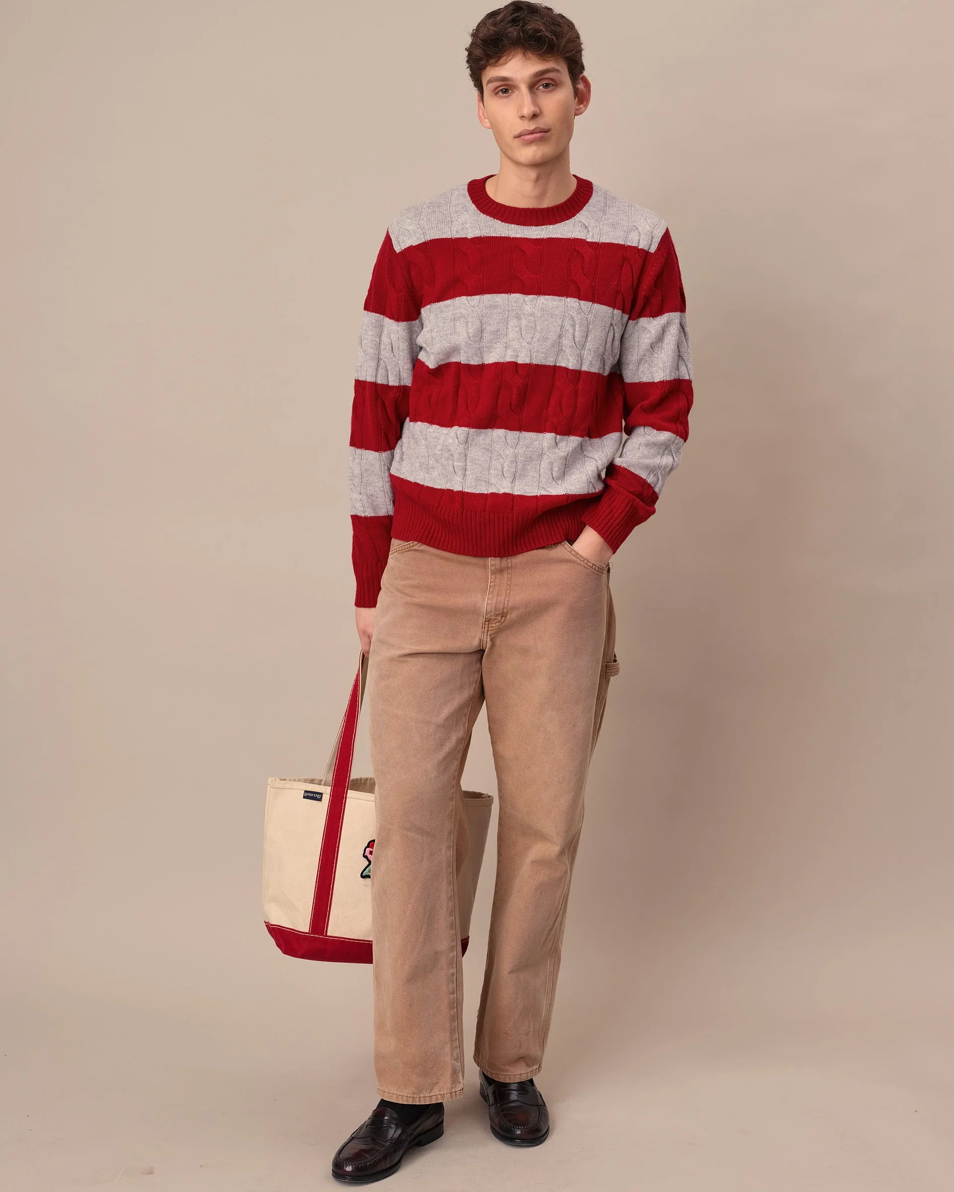 Cashmere Rugby Cable Knit Sweater Red/Grey Heather Stripe