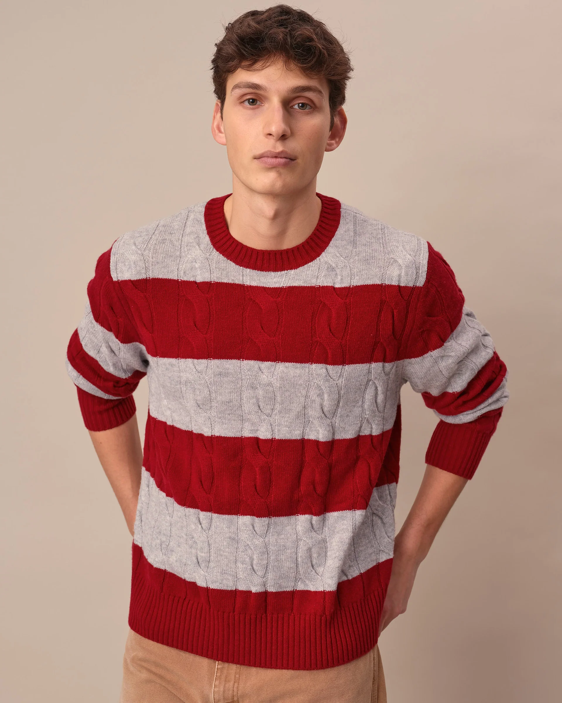 Cashmere Rugby Cable Knit Sweater Red/Grey Heather Stripe - Image 2