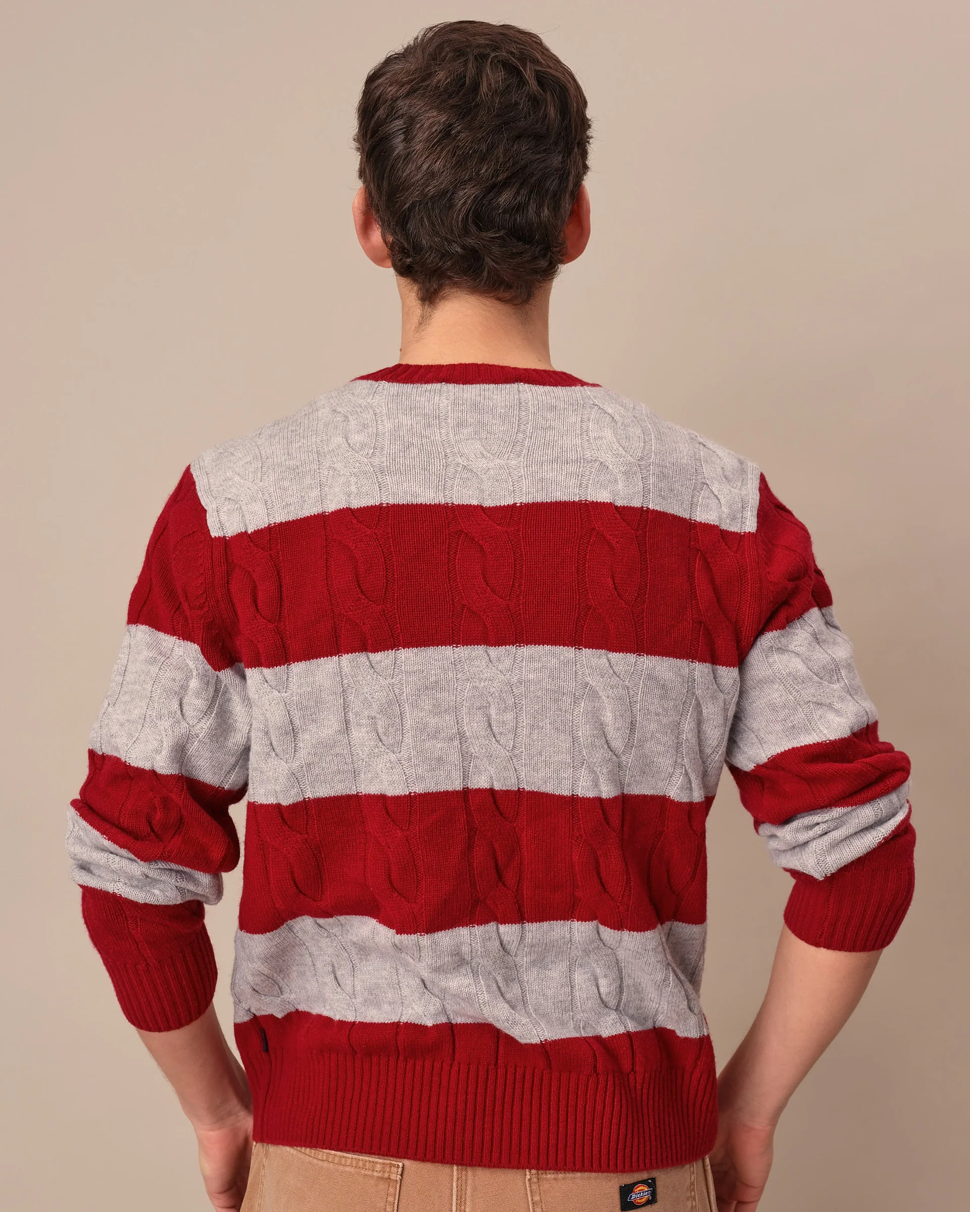 Cashmere Rugby Cable Knit Sweater Red/Grey Heather Stripe - Image 4