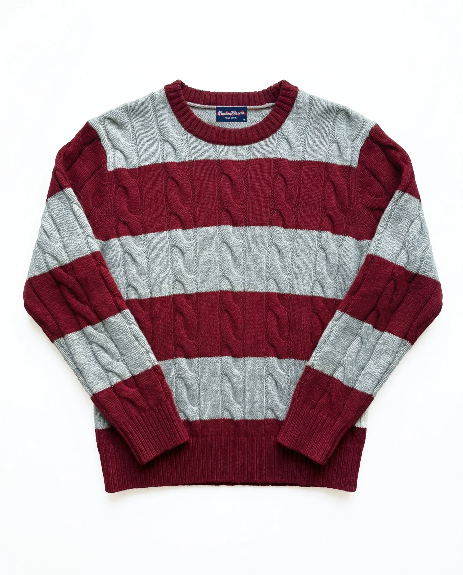 Cashmere Rugby Cable Knit Sweater Red/Grey Heather Stripe - Image 5