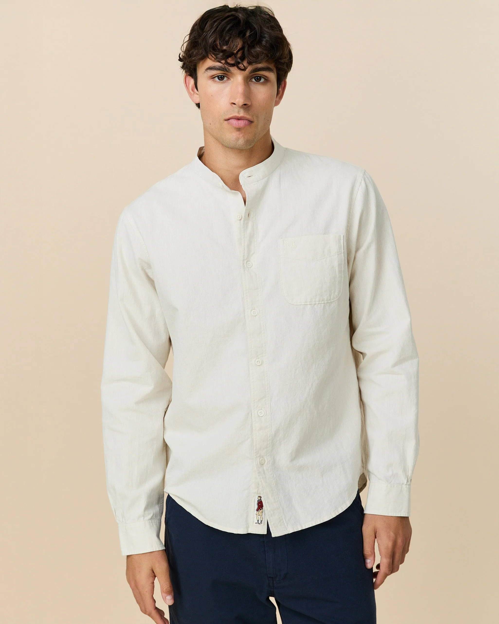Men's Casual Linen Band Collar Shirt Cream - Image 2