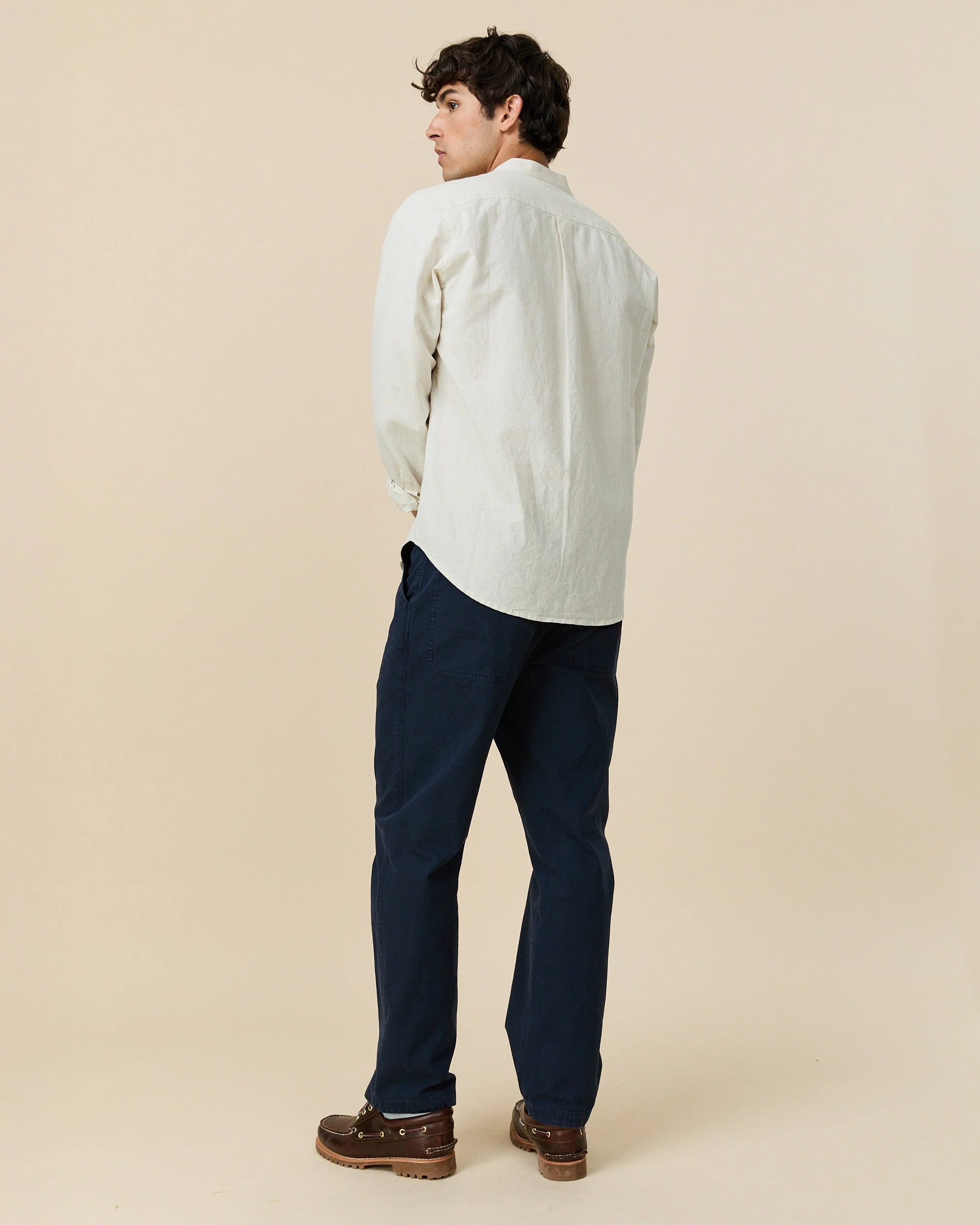 Men's Casual Linen Band Collar Shirt Cream - Image 3