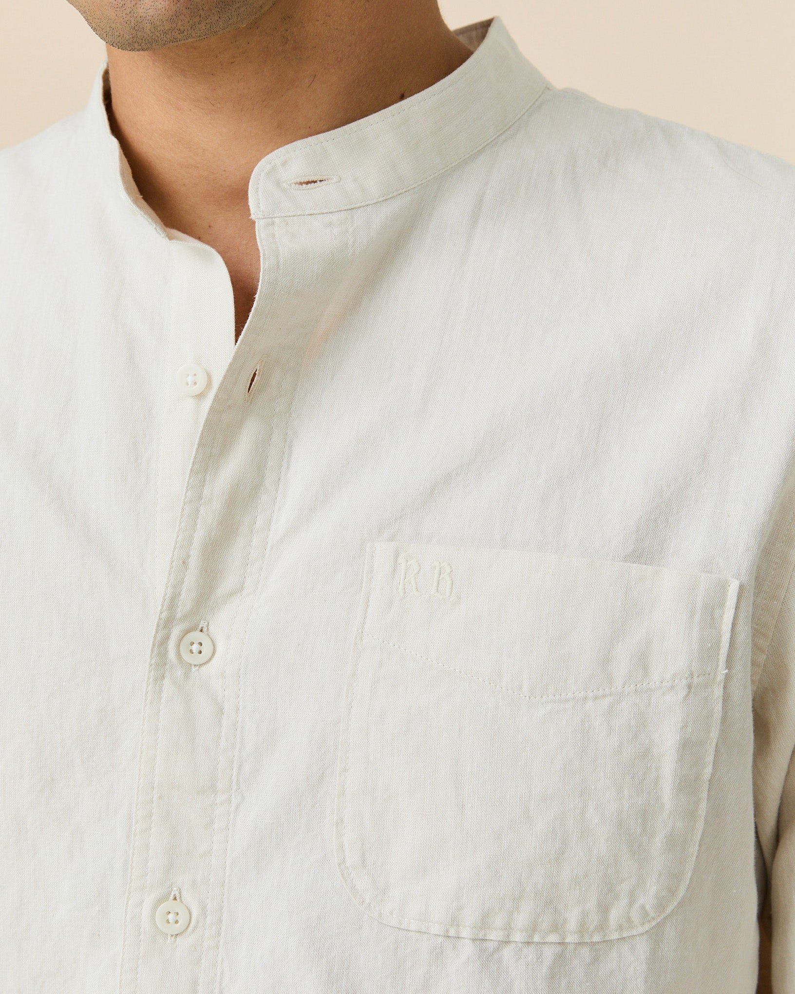Men's Casual Linen Band Collar Shirt Cream - Image 4