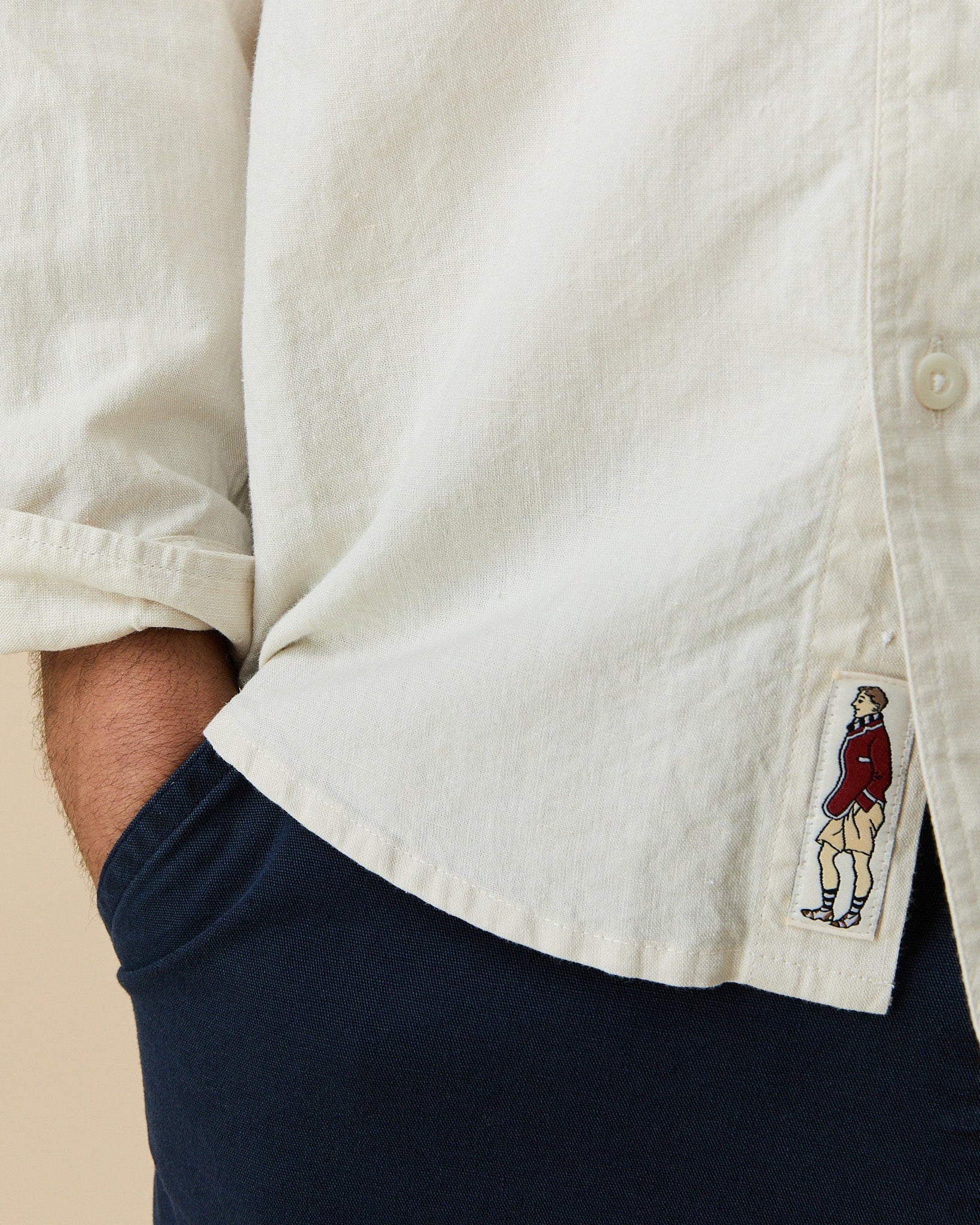 Men's Casual Linen Band Collar Shirt Cream - Image 5