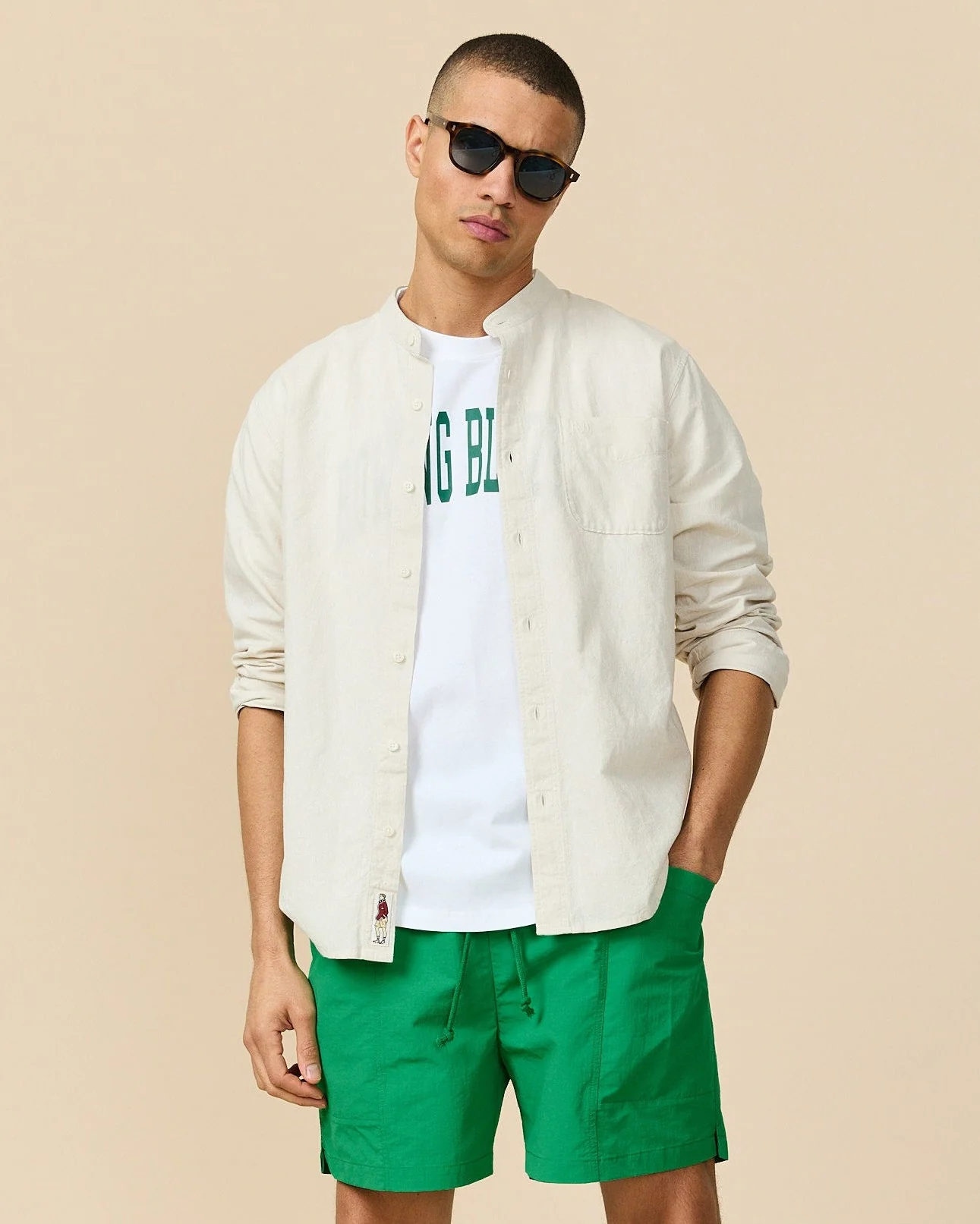 Men's Casual Linen Band Collar Shirt Cream - Image 6