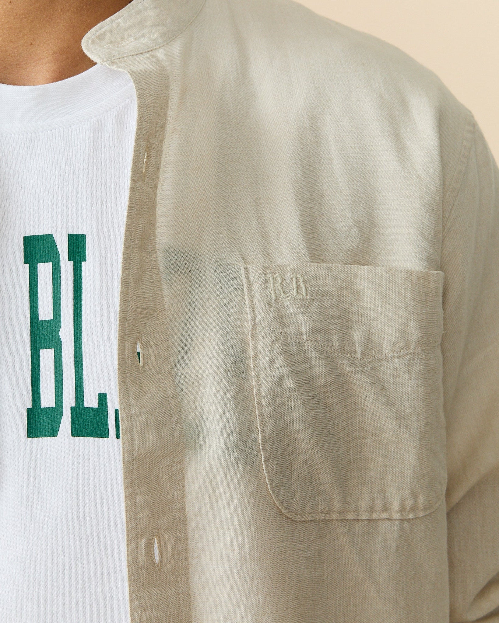 Men's Casual Linen Band Collar Shirt Cream - Image 7